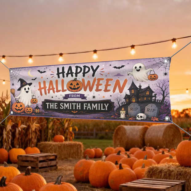 Personalized Family Halloween Banner – 71″ x 24″ – Spooky Ghost and Pumpkin