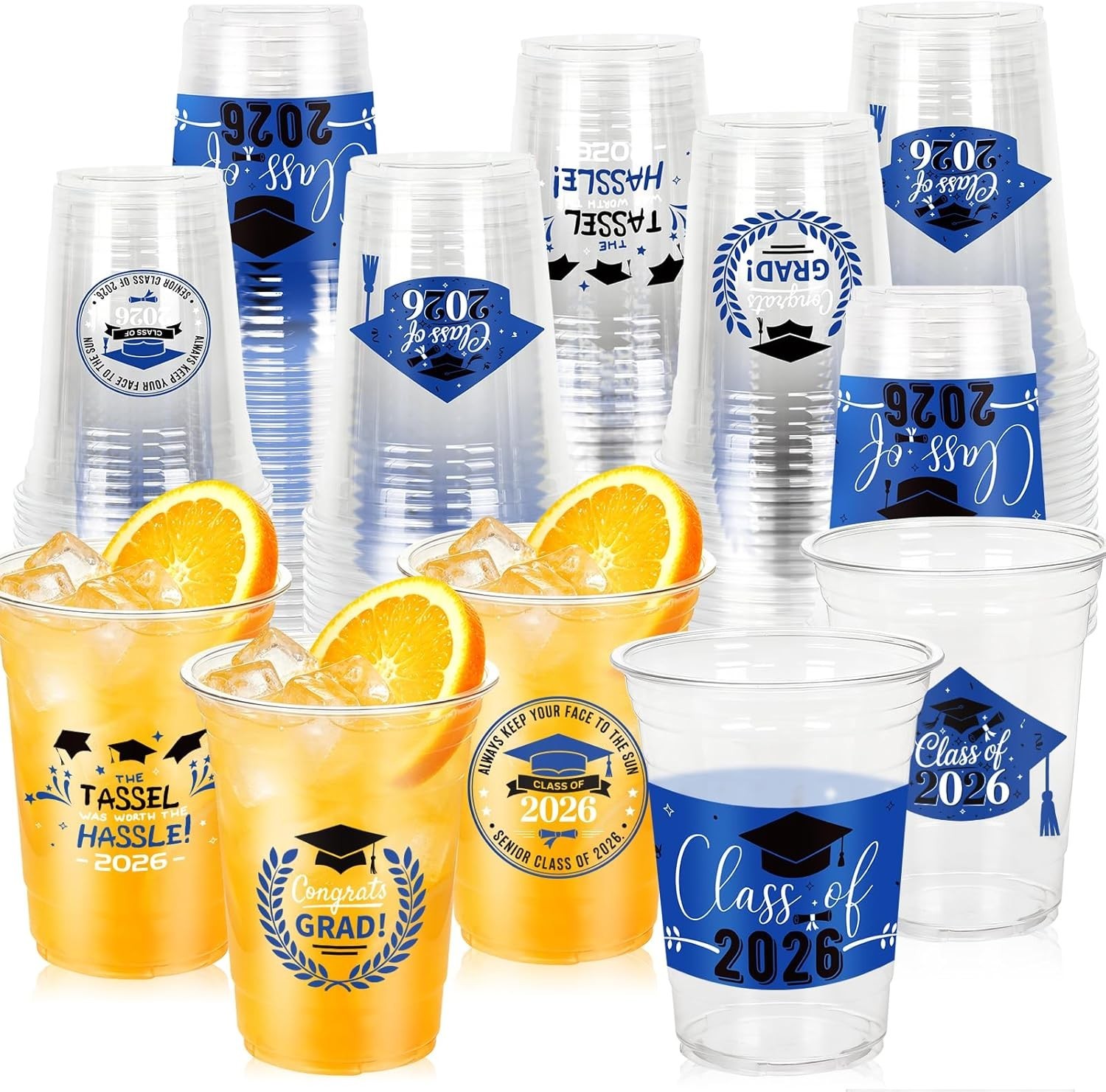 100 Pack 16oz Blue Graduation Decorations Cups, Class of 2026 Disposable Plas…