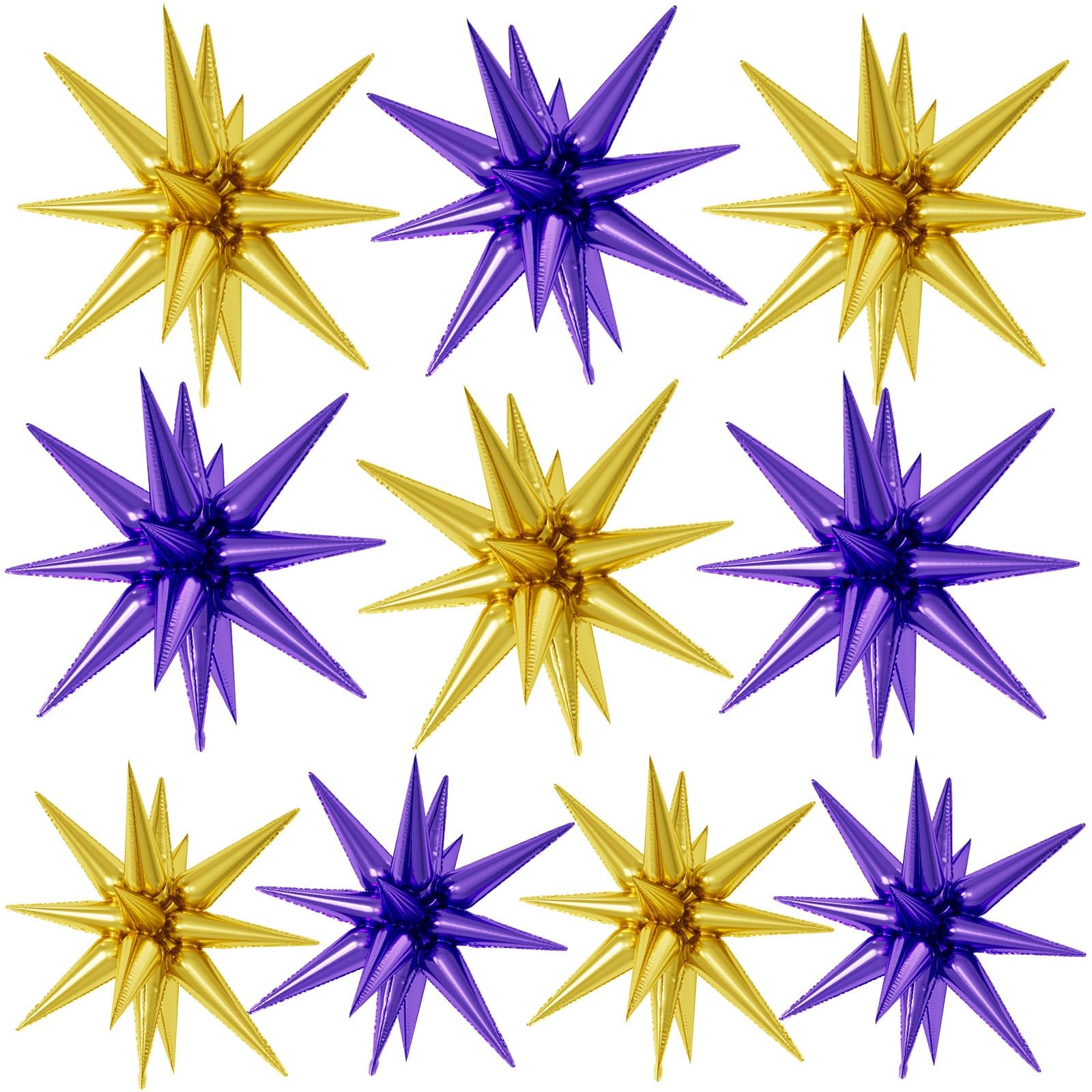 Purple Gold Star Foil Balloons, 10PCS 22Inch Large Purple Gold Spike Cone Sta…