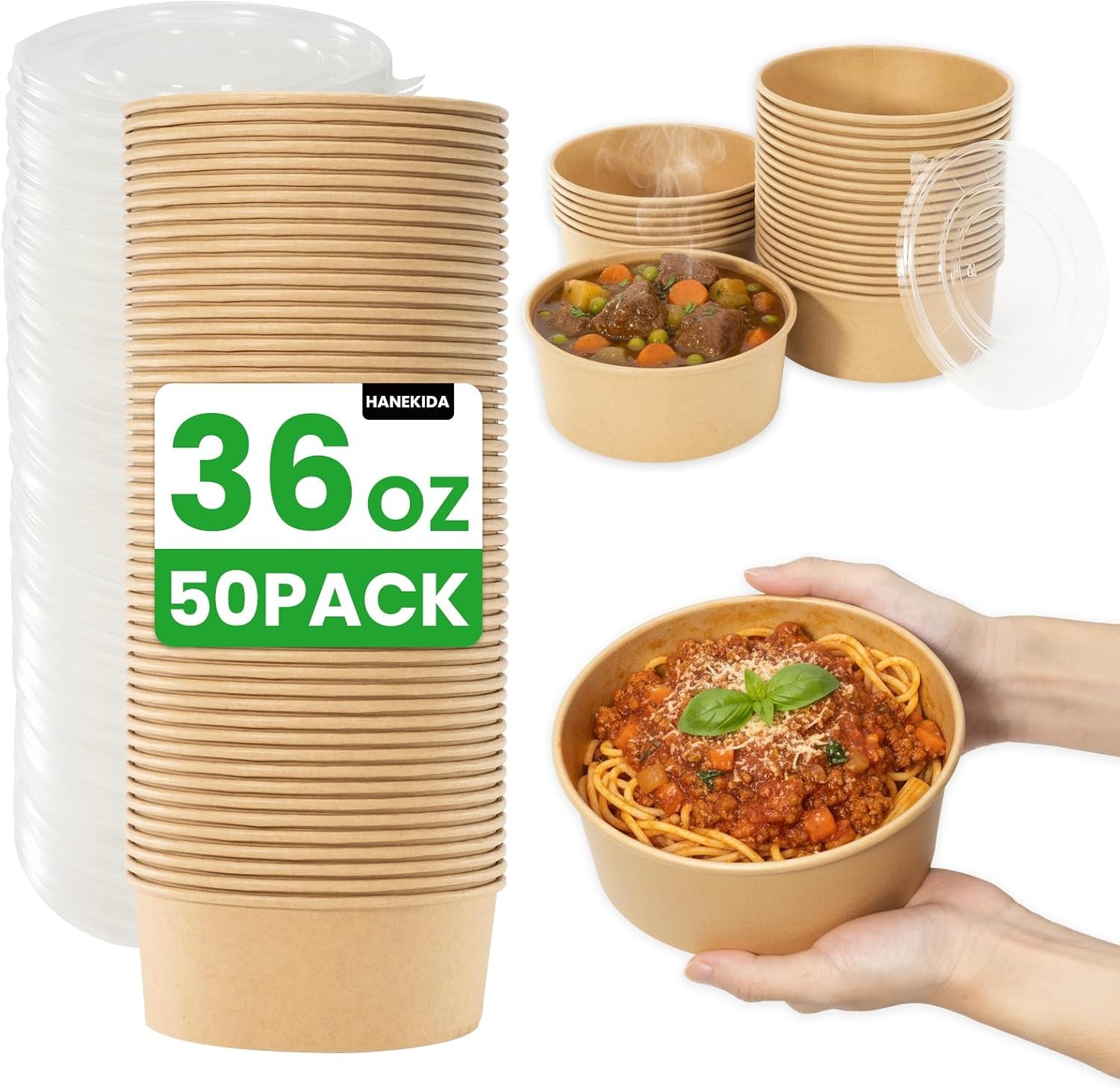 50 Count 36 oz Large Disposable Paper Bowls with Lids Salad Containers