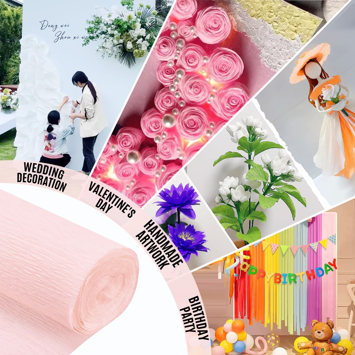 Pale Pink Crepe Paper Rolls Multi Color Streamers DIY Craft 9.8 In x 8.2 Ft 3 PK