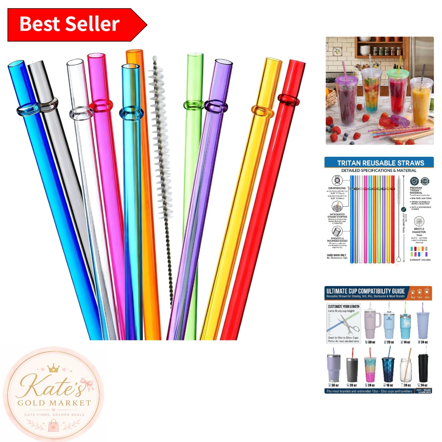 Vibrant Rainbow 10.5-Inch Reusable Straws for Tumblers – BPA-Free & Easy Clean