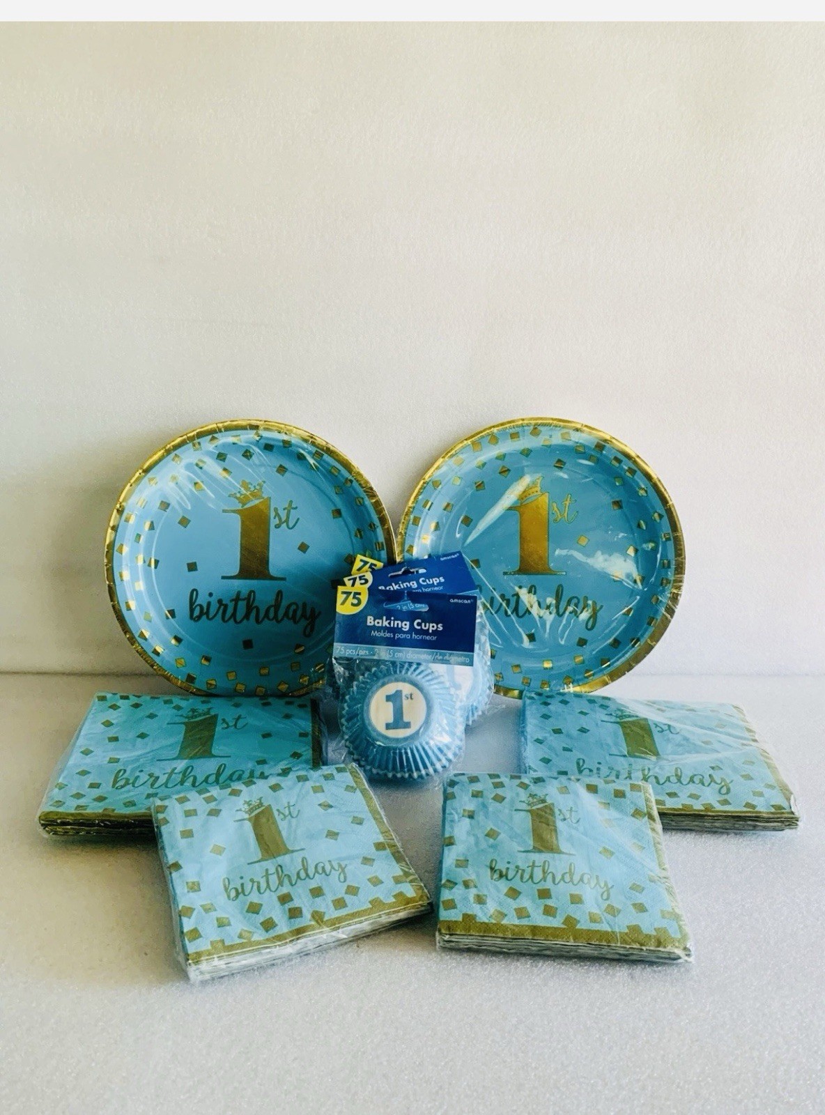 Boy First 1st Birthday Party Blue Teal Gold King Paper Plates and Napkins Lot