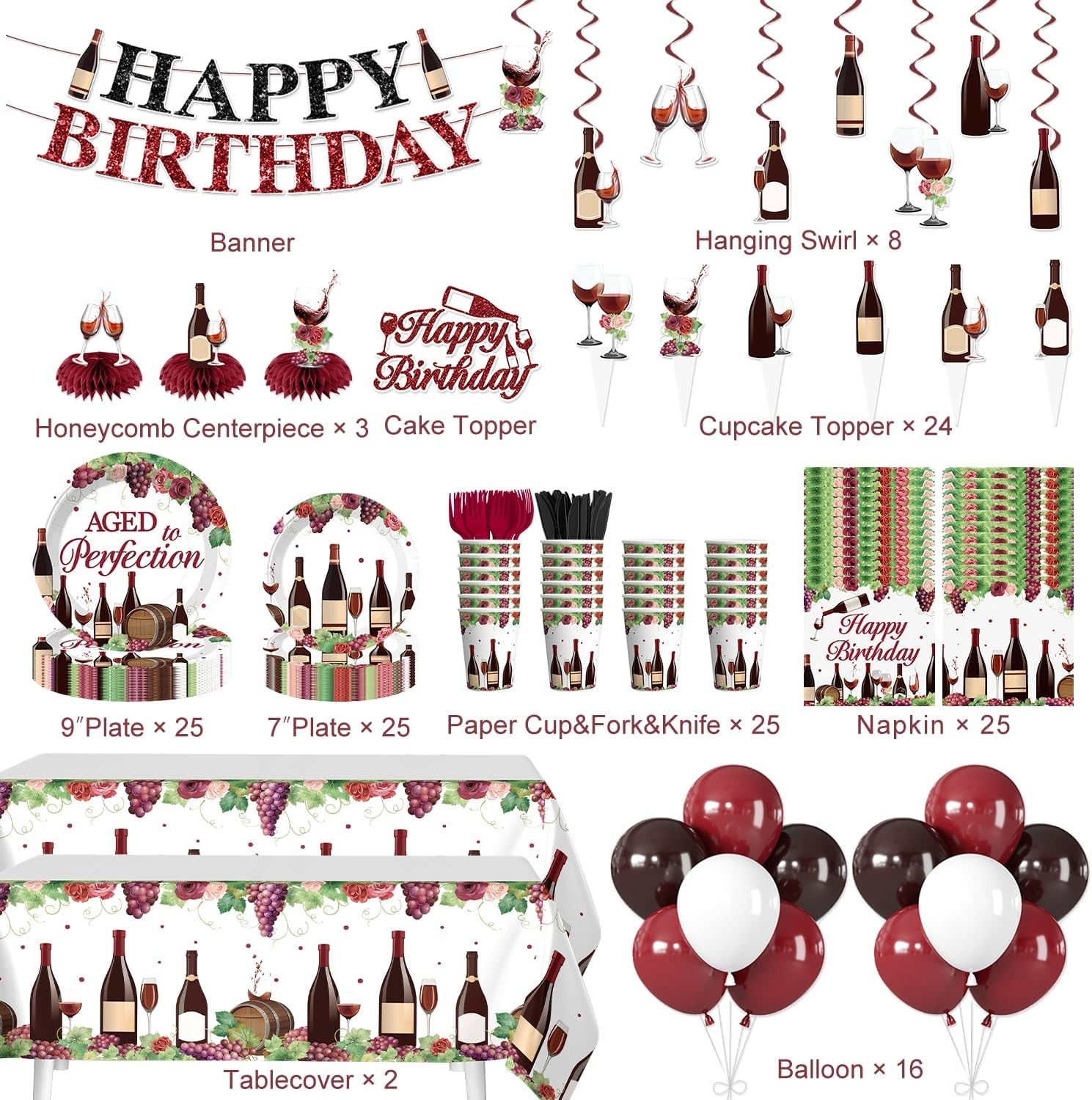Wine Themed “Aged to Perfection” Birthday Decorations for 25 Guests NEW