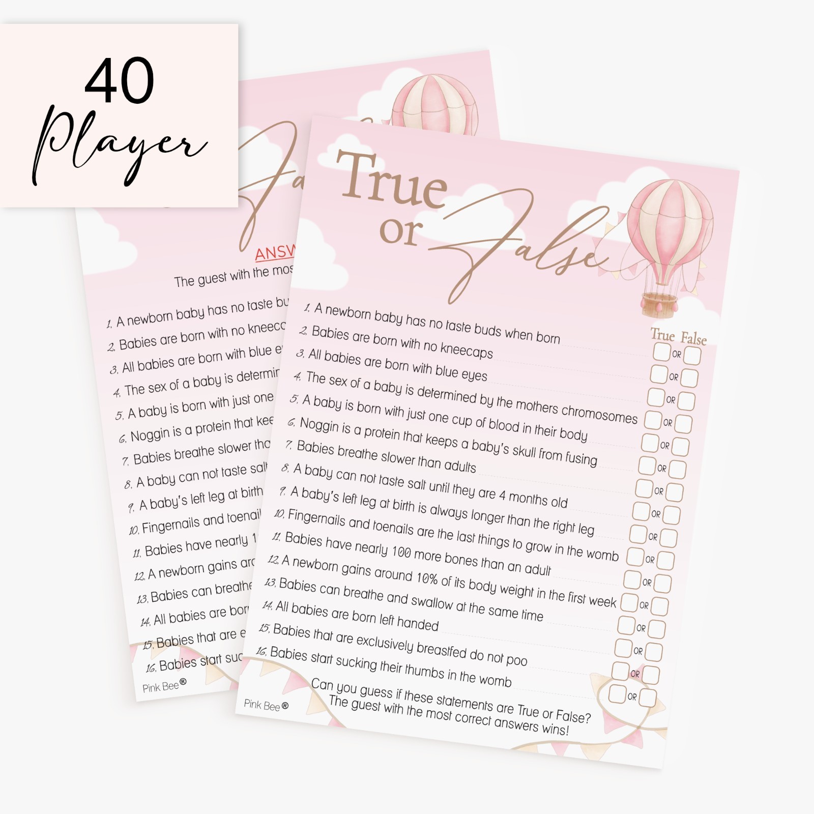 Baby Shower Game – True or False -Up & Away, Hot Air Balloon Pink 10-40 Players
