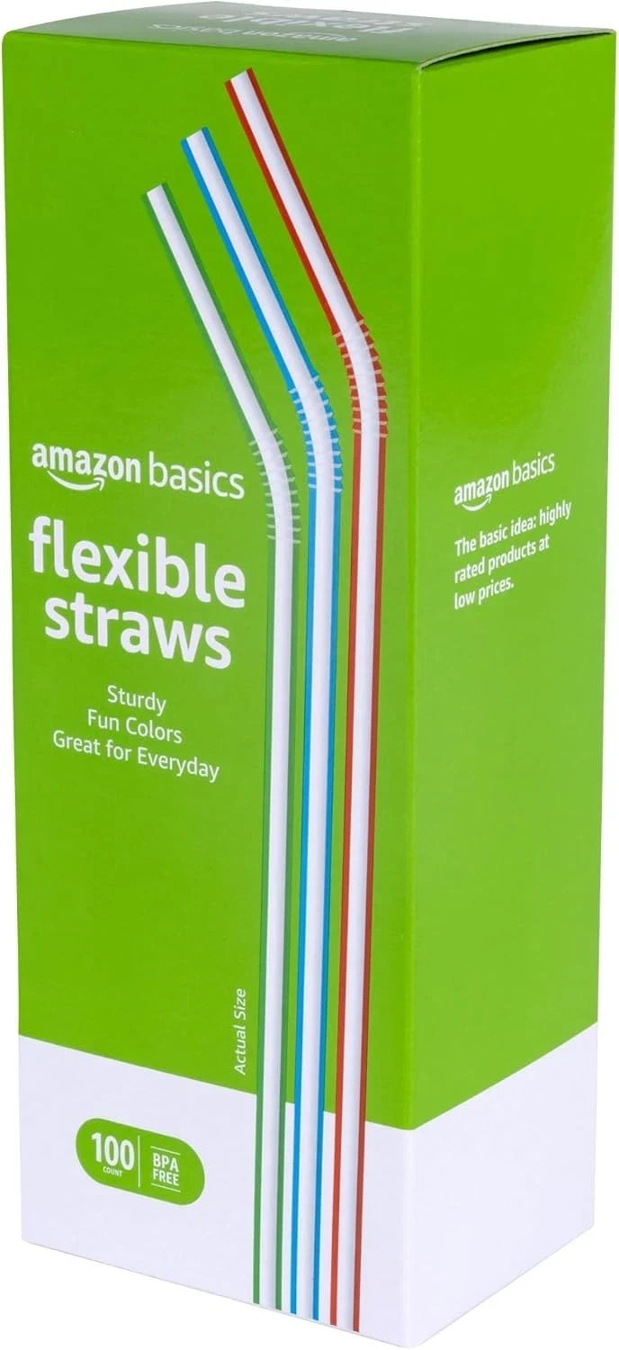 Amazon Basics Disposable Striped Plastic Flex Straws, 7.5″ Long, Assorted Colors