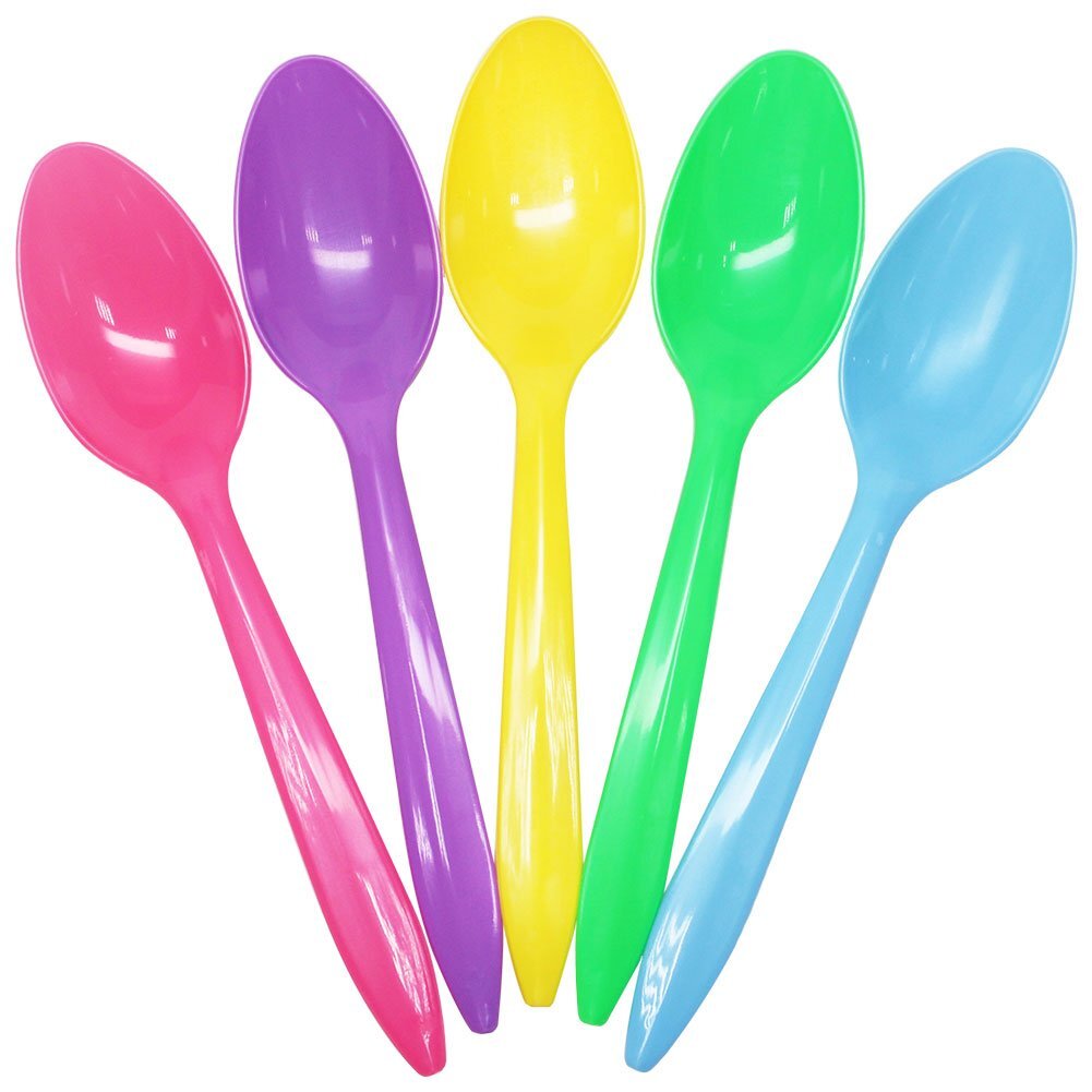 100 Disposable Plastic Spoon Medium Weight Blue/Yellow/Green/Purple/Pink/Rainbow