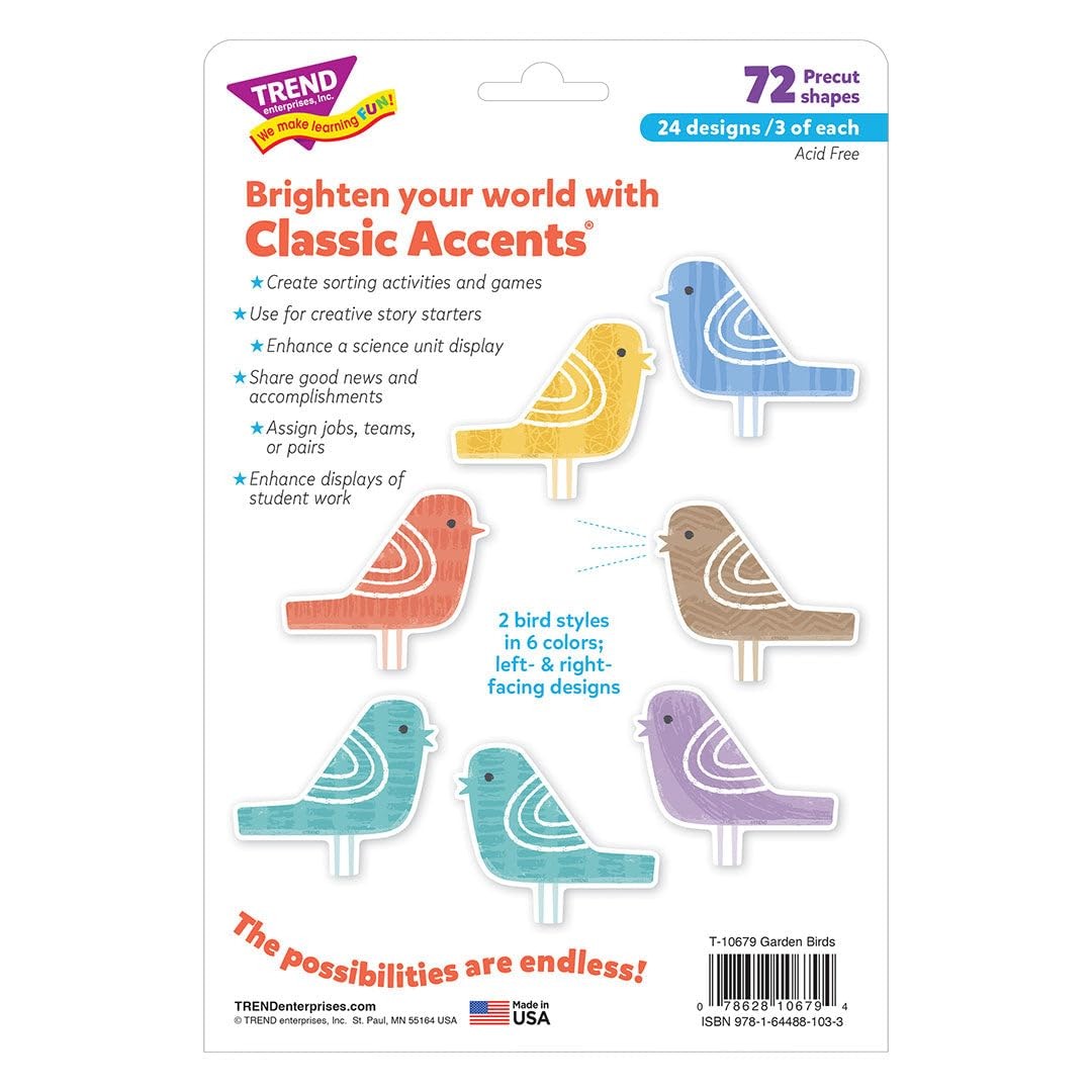 72 PCS Garden Birds Classic Accents Variety Pack Decorative Cutout Pieces