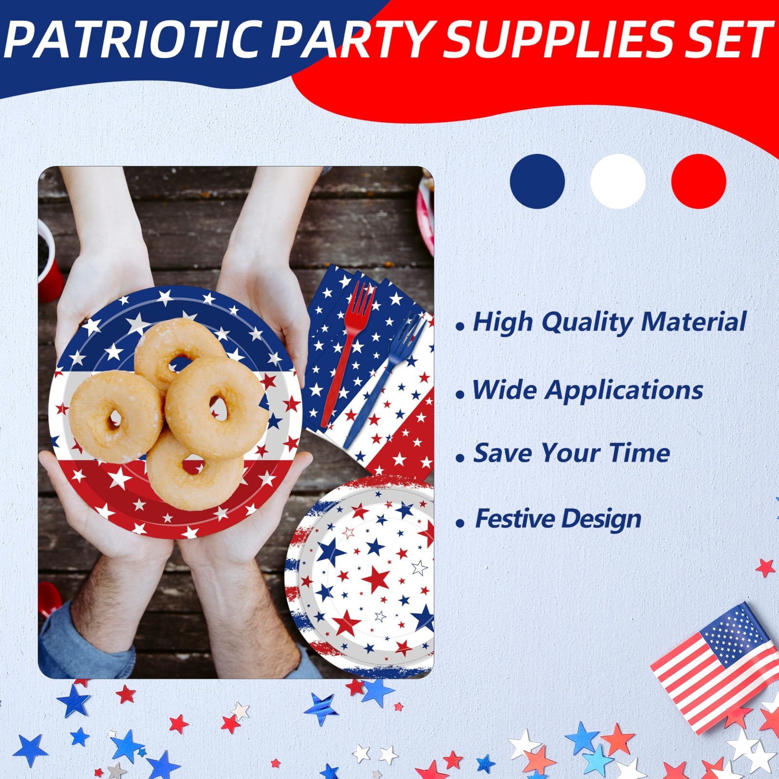 100 Pcs Patriotic Party Supplies Set – Red White Blue Star Plates, Napkins & For