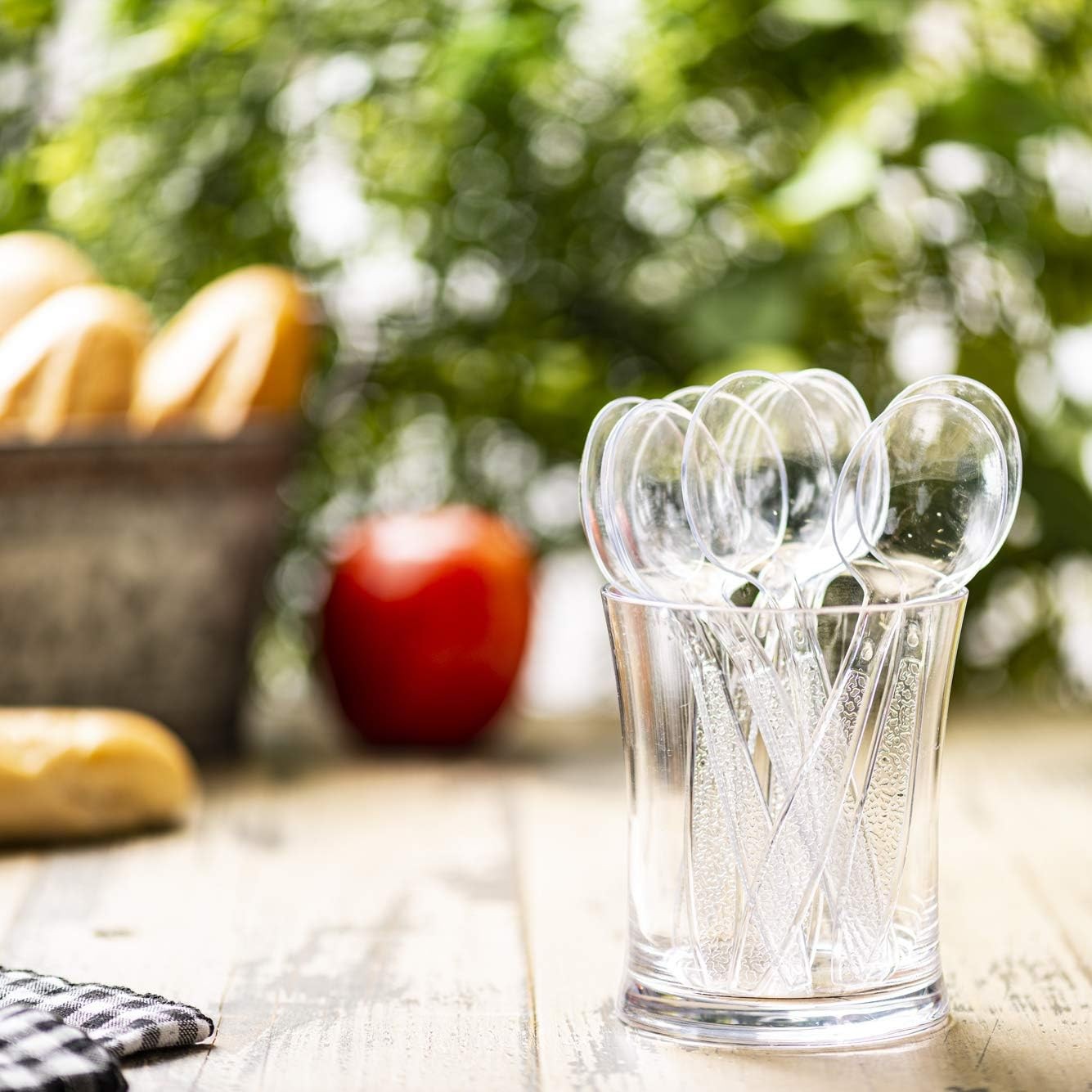 100 Pack] Heavyweight Clear Plastic Soup Spoons with Engraved Design –