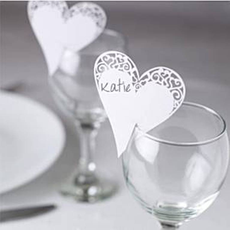 Contemporary Hearts Place Cards for Glasses – for Parties or weddings – 10 Pack