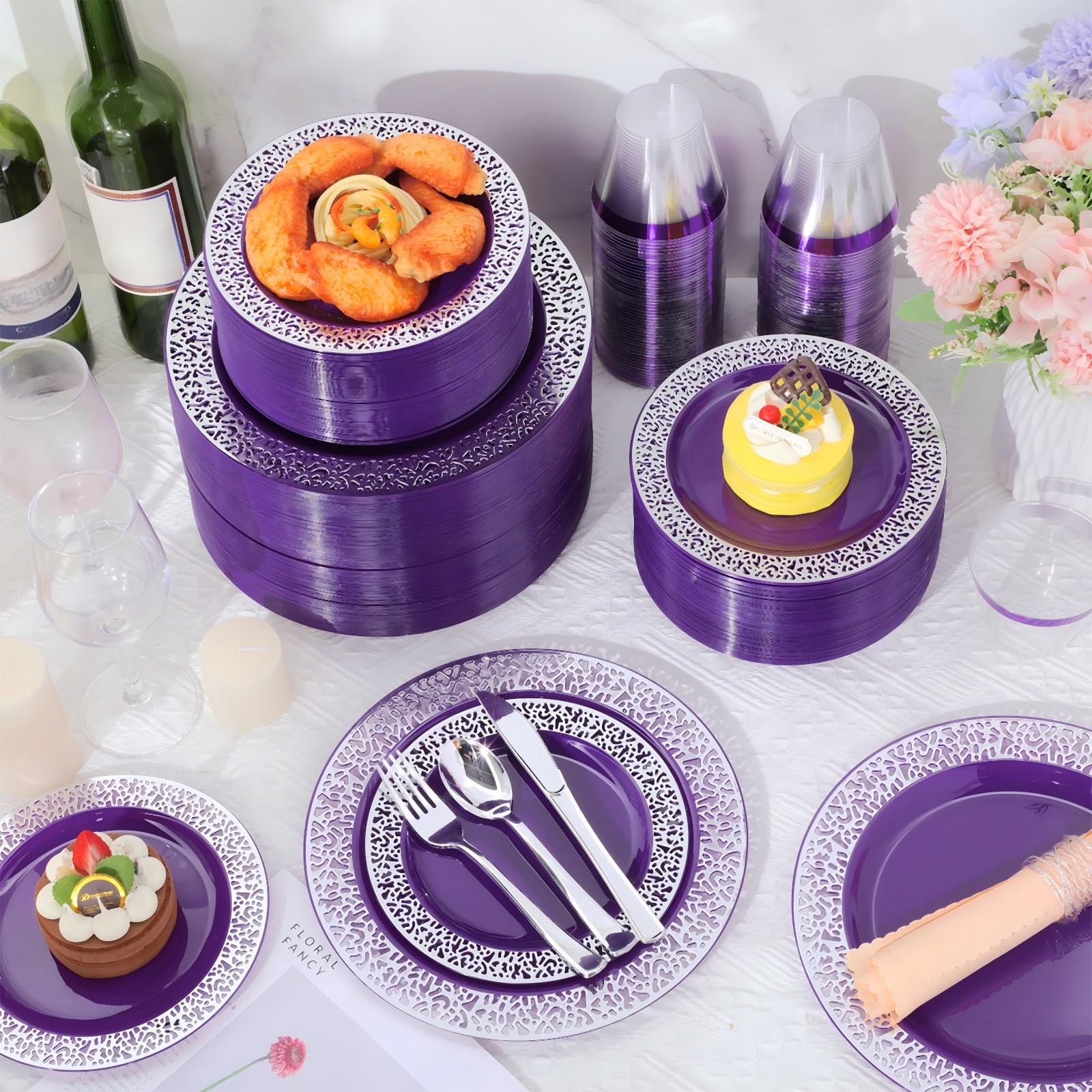 Suclain Purple 600 Pcs Plastic Plate Dinnerware Set for 100 Guests Including …