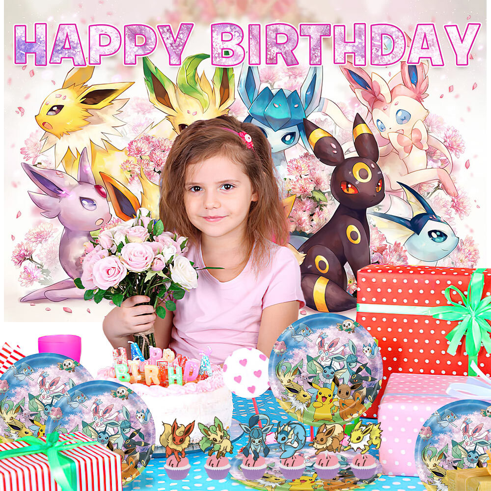 Eevee Happy Birthday Party Supplies Plates Balloon Cake Toppers Banner 5x3ft
