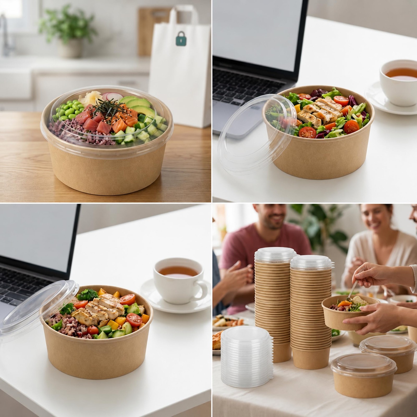 50 oz Kraft Disposable Food Containers with Lids (20 Pack), Round Natural Bro…