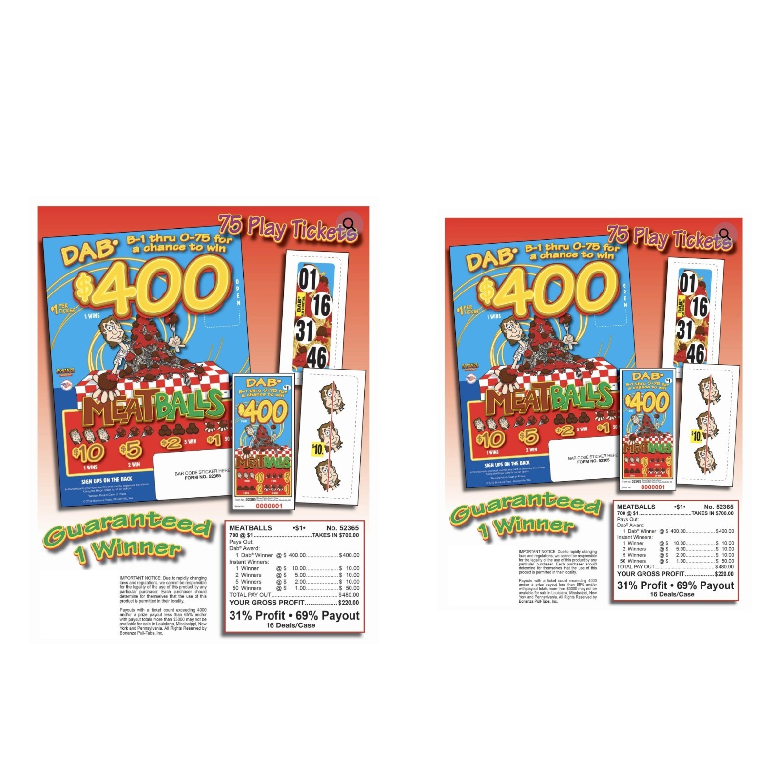 Pull Tab Tickets – Hard Card – Game – 2 PACK – Meatballs – 700 ct