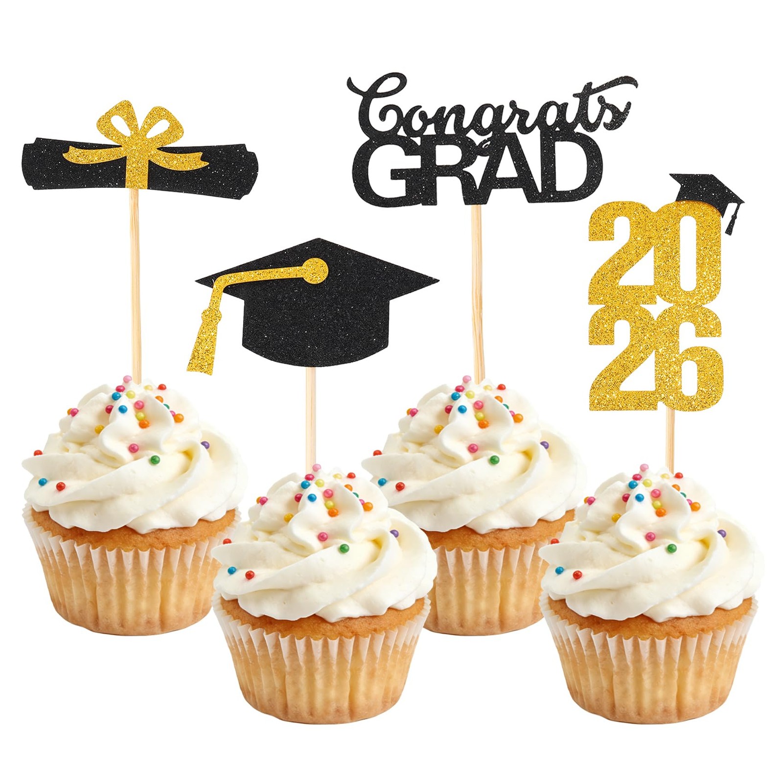 2026 Graduation Cupcake Toppers 24 PCS Glitter Gold Congrats Grad Cap Picks