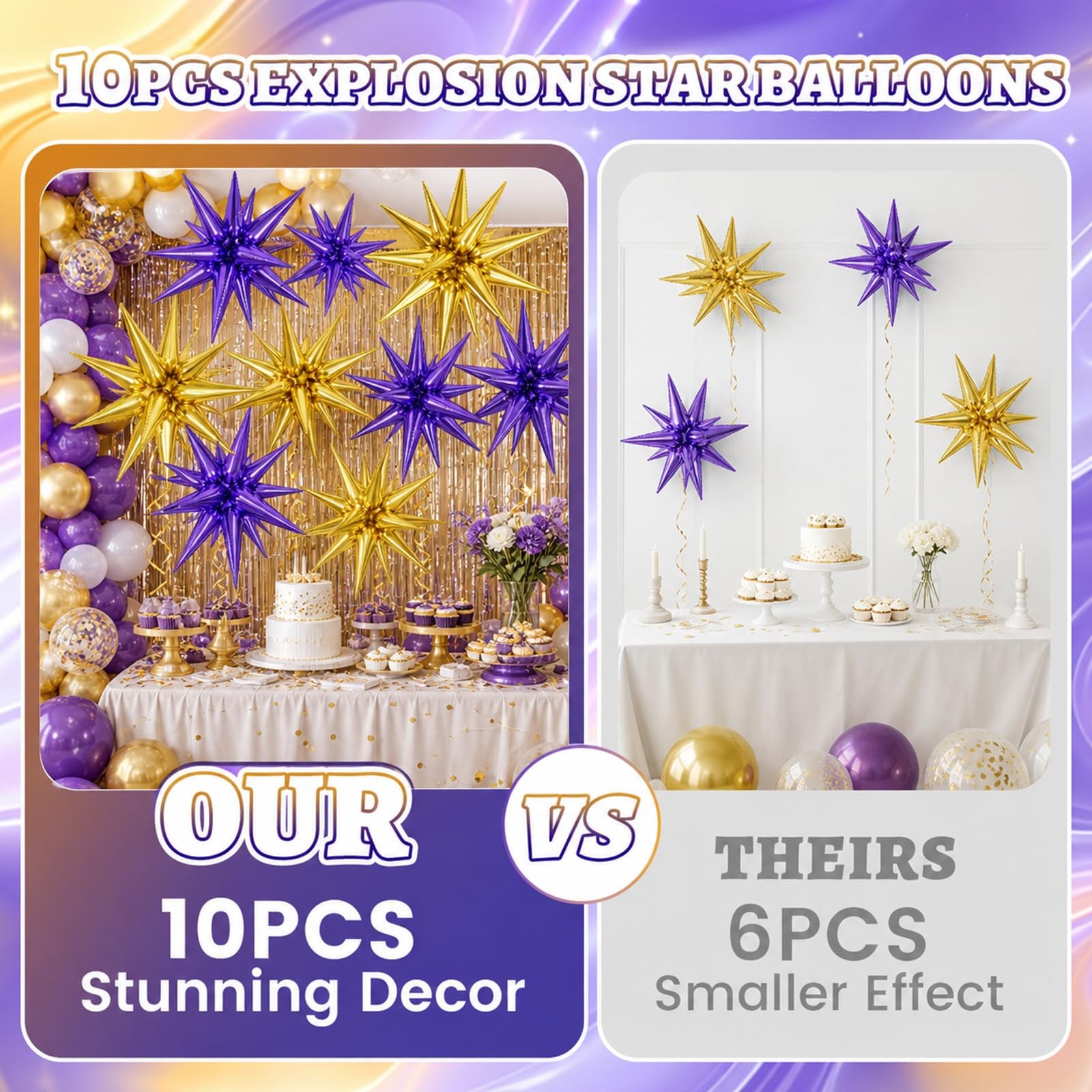 Purple Gold Star Foil Balloons, 10PCS 22Inch Large Purple Gold Spike Cone Sta…
