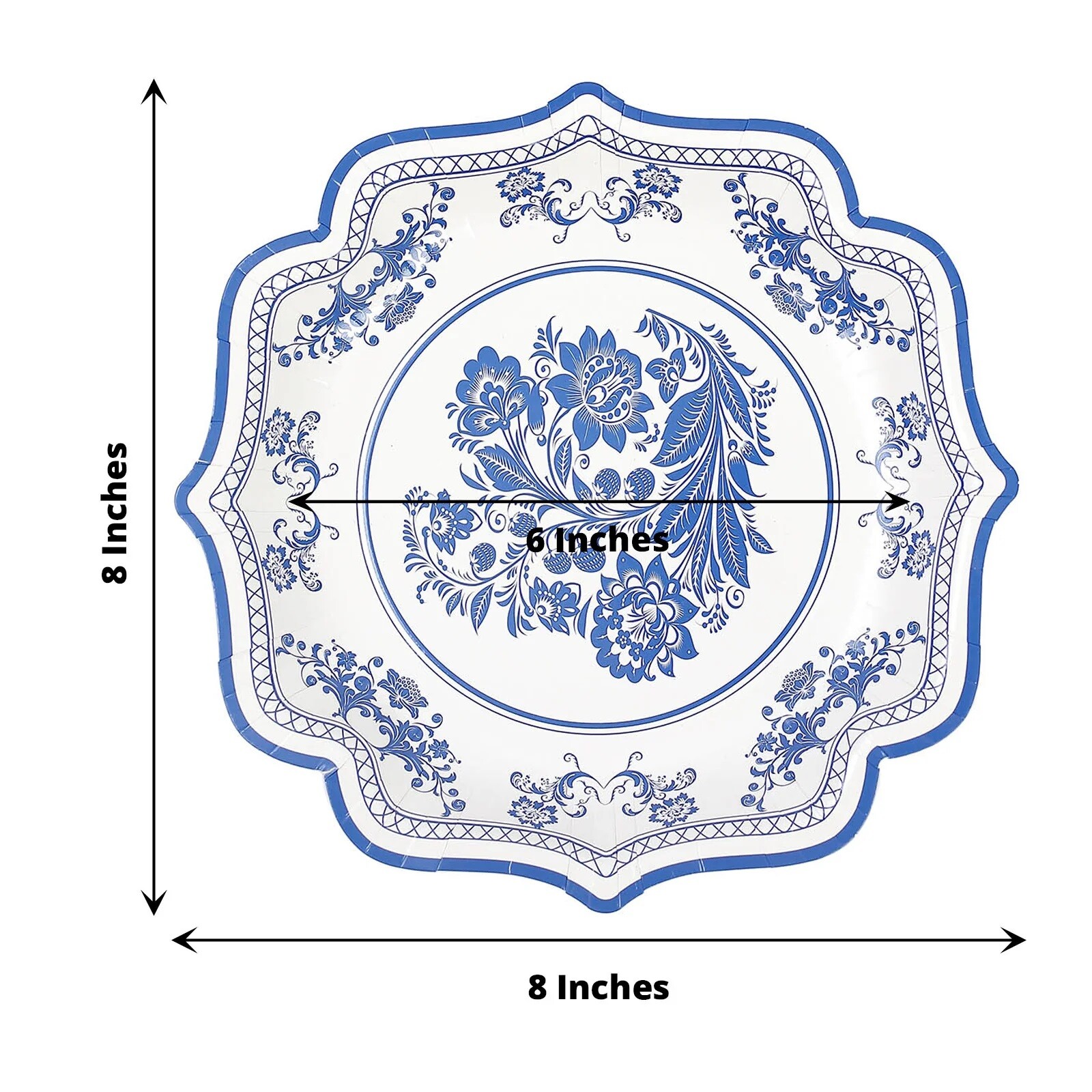25 White Blue 8 in Floral Disposable Dessert Paper PLATES Scallop Trim Party