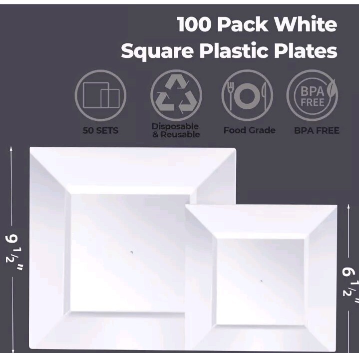 100 Pack Disposable Square Plastic Plates, Heavy Duty 50pcs Dinner Plates 9.5…