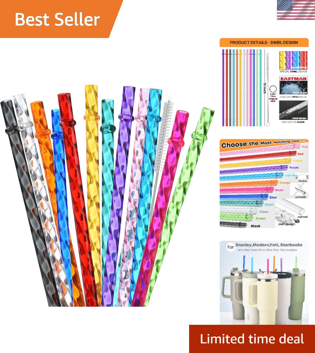 ALINK 12-Pack Reusable Plastic Clear Swirl Straws, 13″ Extra Long Colorful Hard