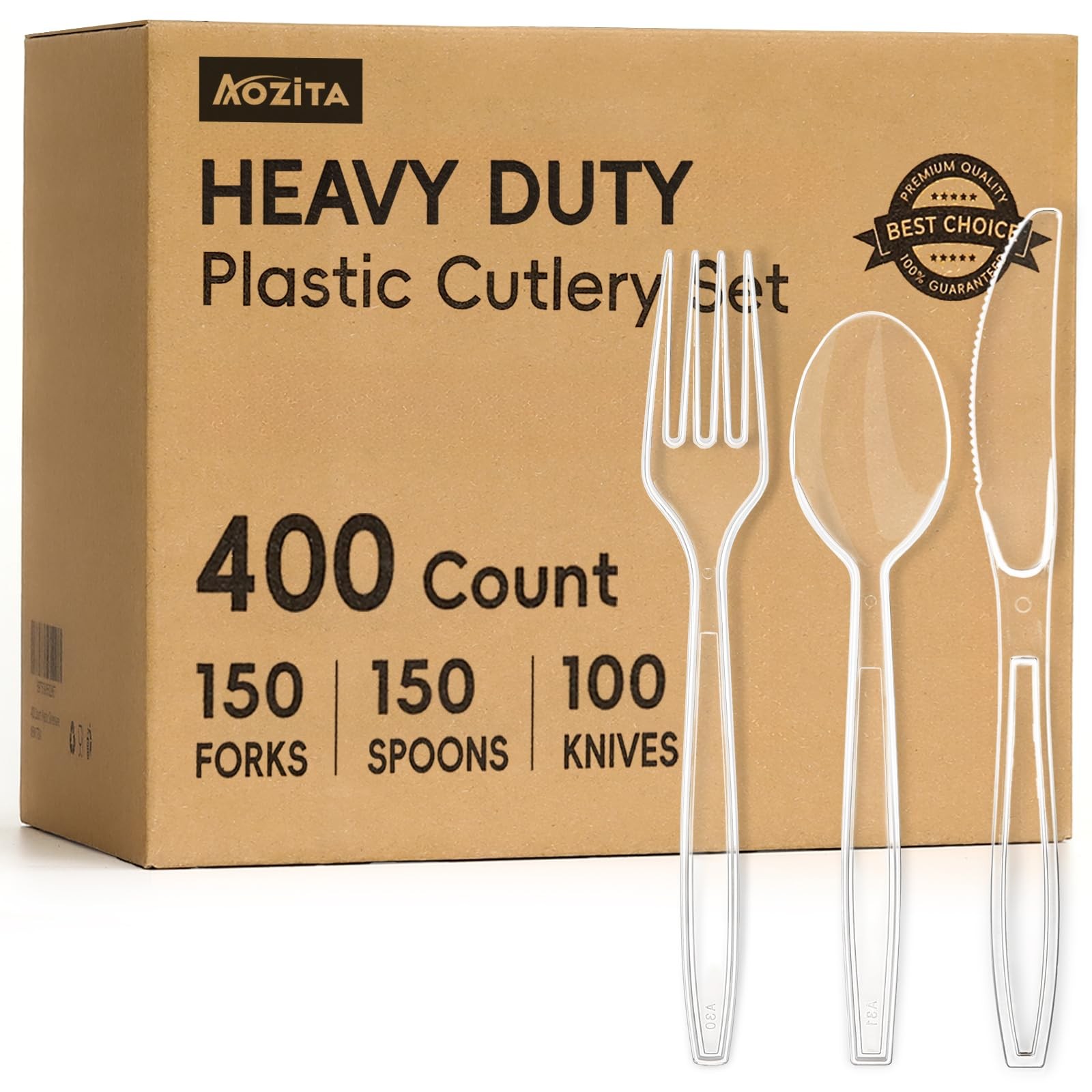 Aozita 400 Count Heavy Duty Plastic Silverware Bpa-Free Clear Plastic Cutlery