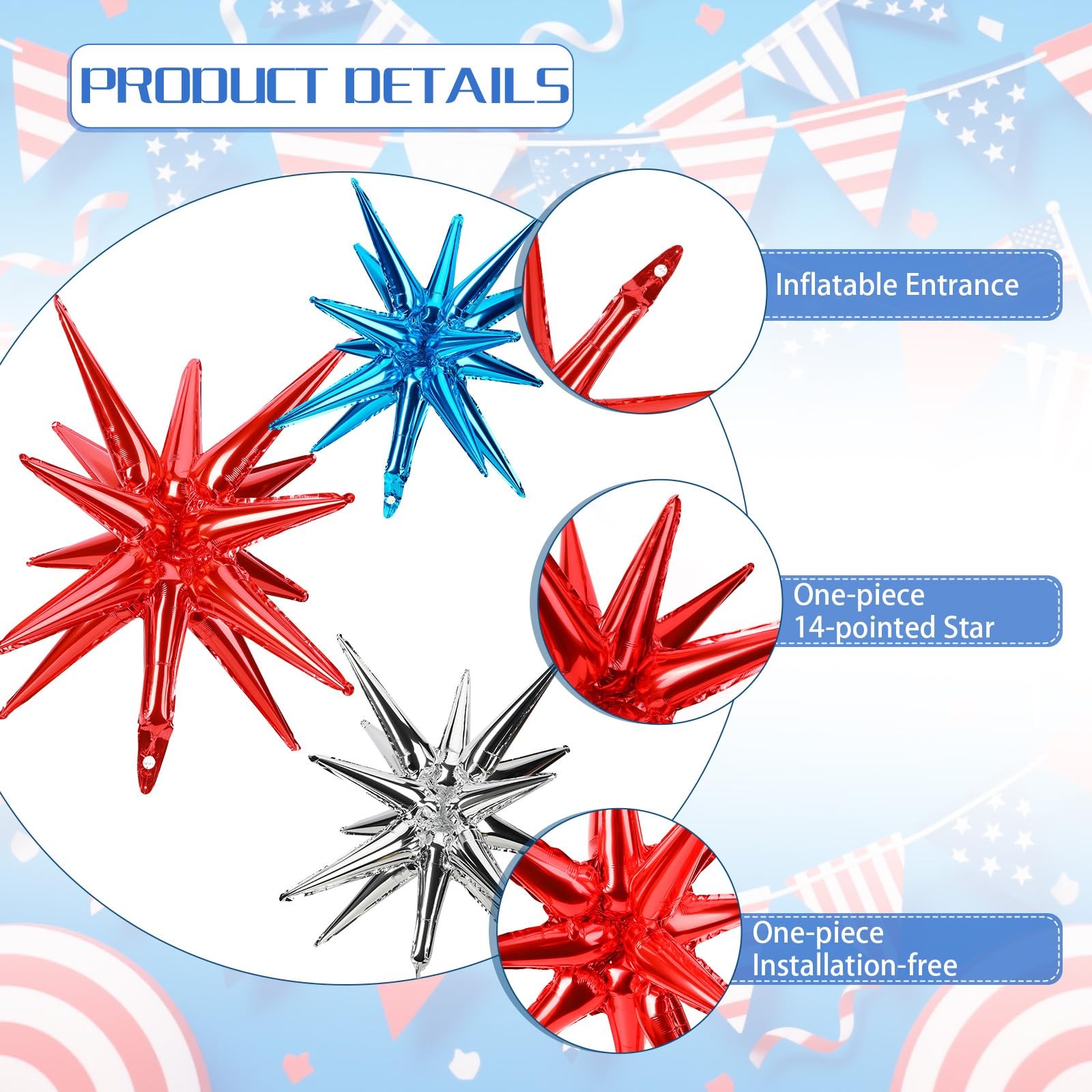 10 Pcs Red White Blue Star Balloons Explosion Starburst Foil Cone Balloons Ma…