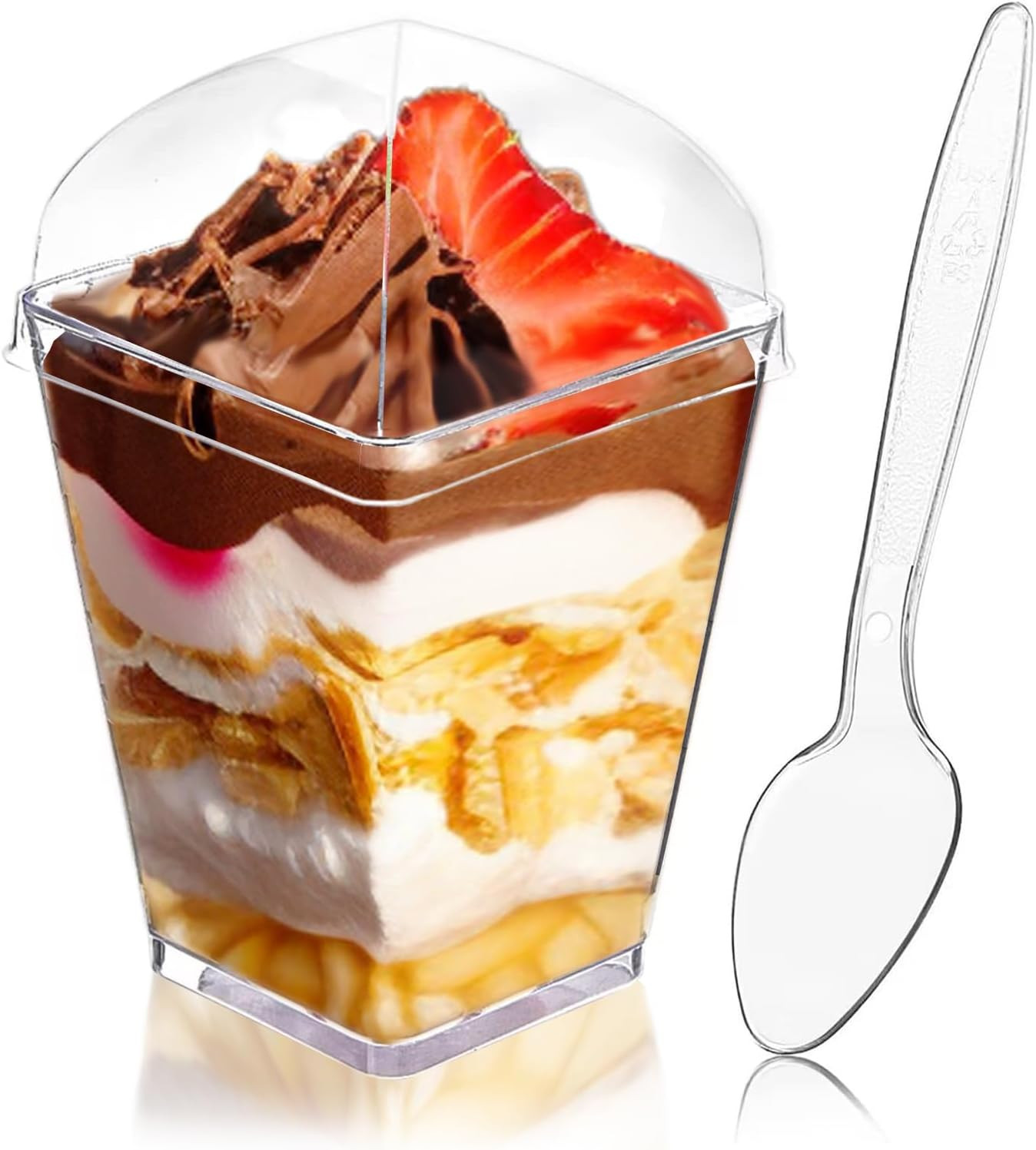 50Pack 5Oz Plastic Dessert Cups with Lids and Spoons, Square Clear Parfait Appet