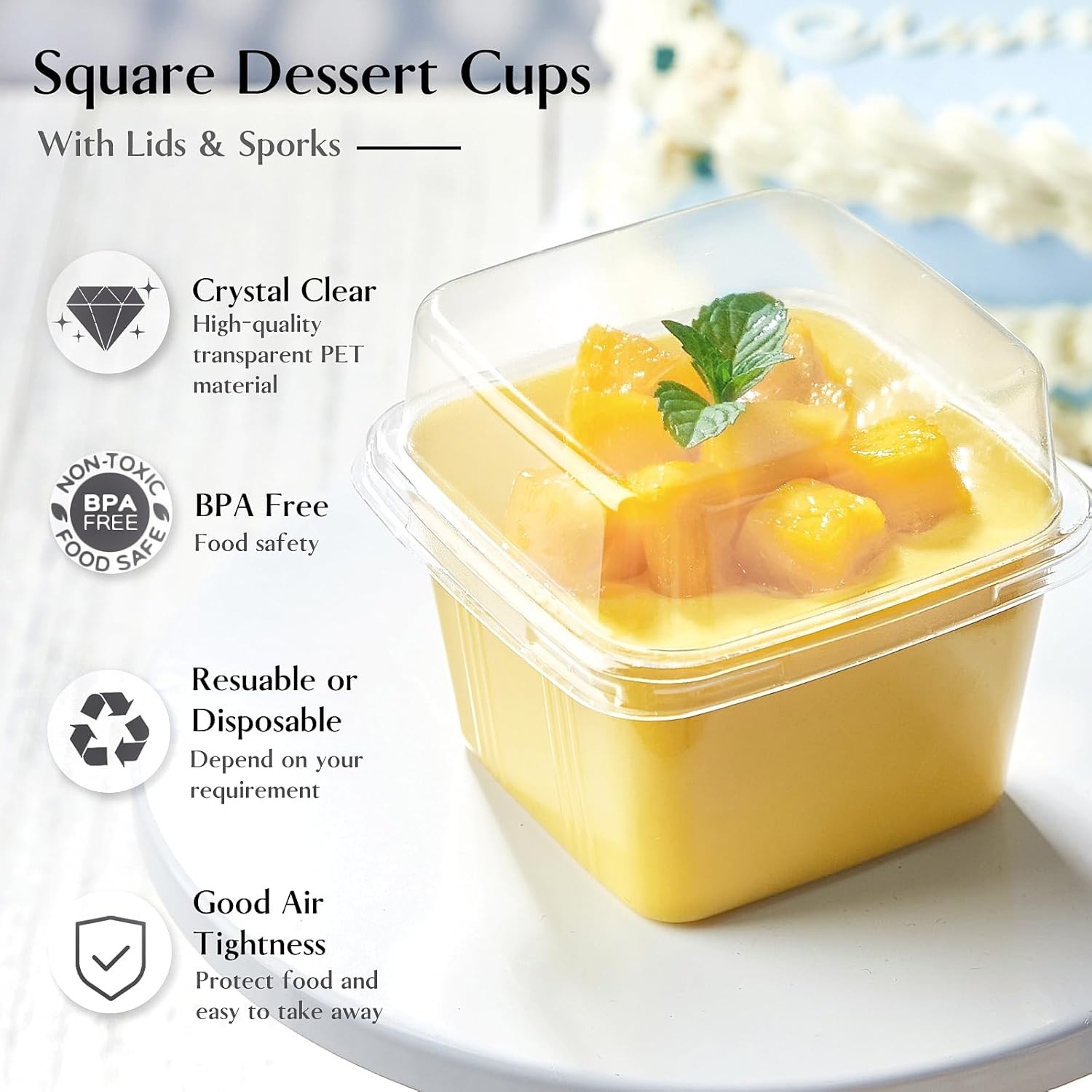 50Ct 8 oz Square Plastic Dessert Cups with Lids and Sporks, Clear Plastic Yog…