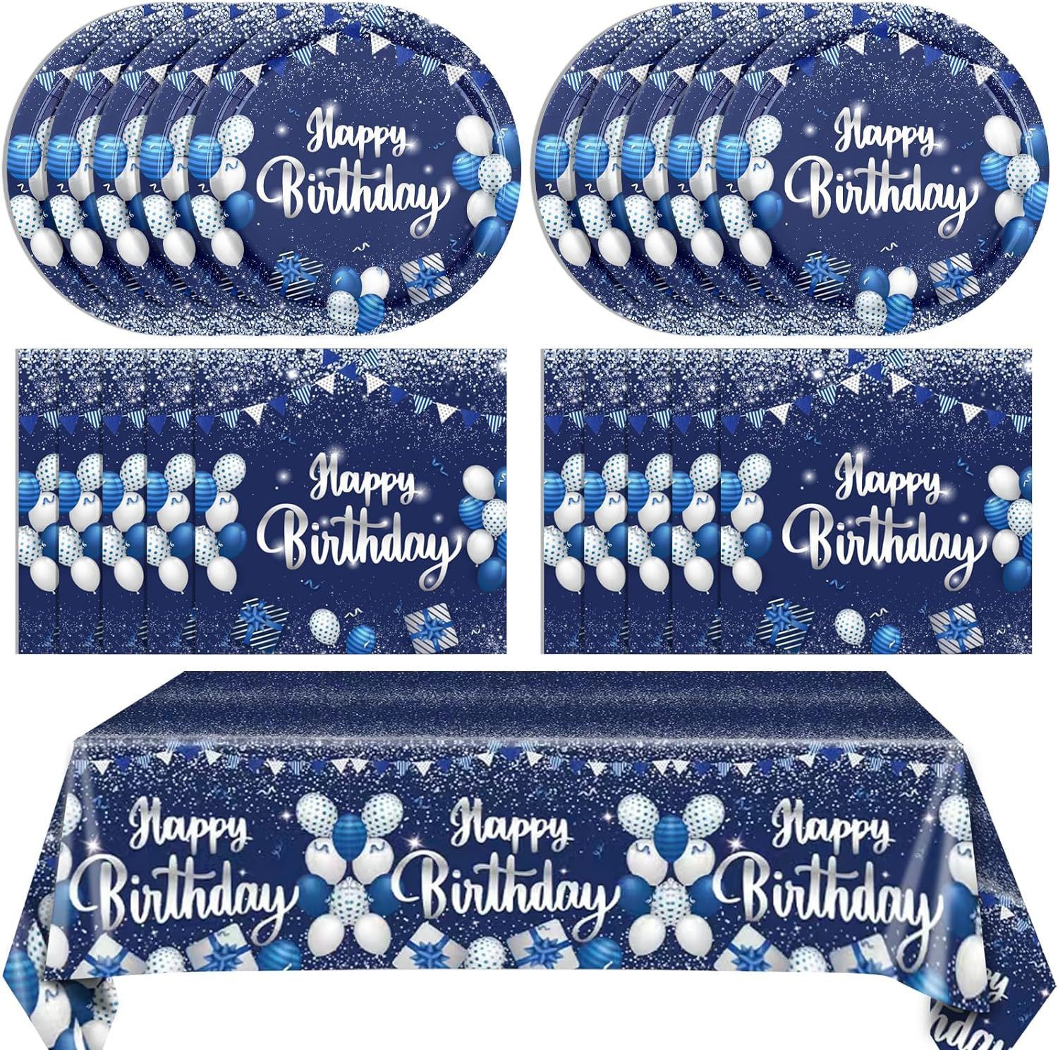Navy Blue and Sliver Birthday Decorations Happy Birthday Party Tableware Set Hap