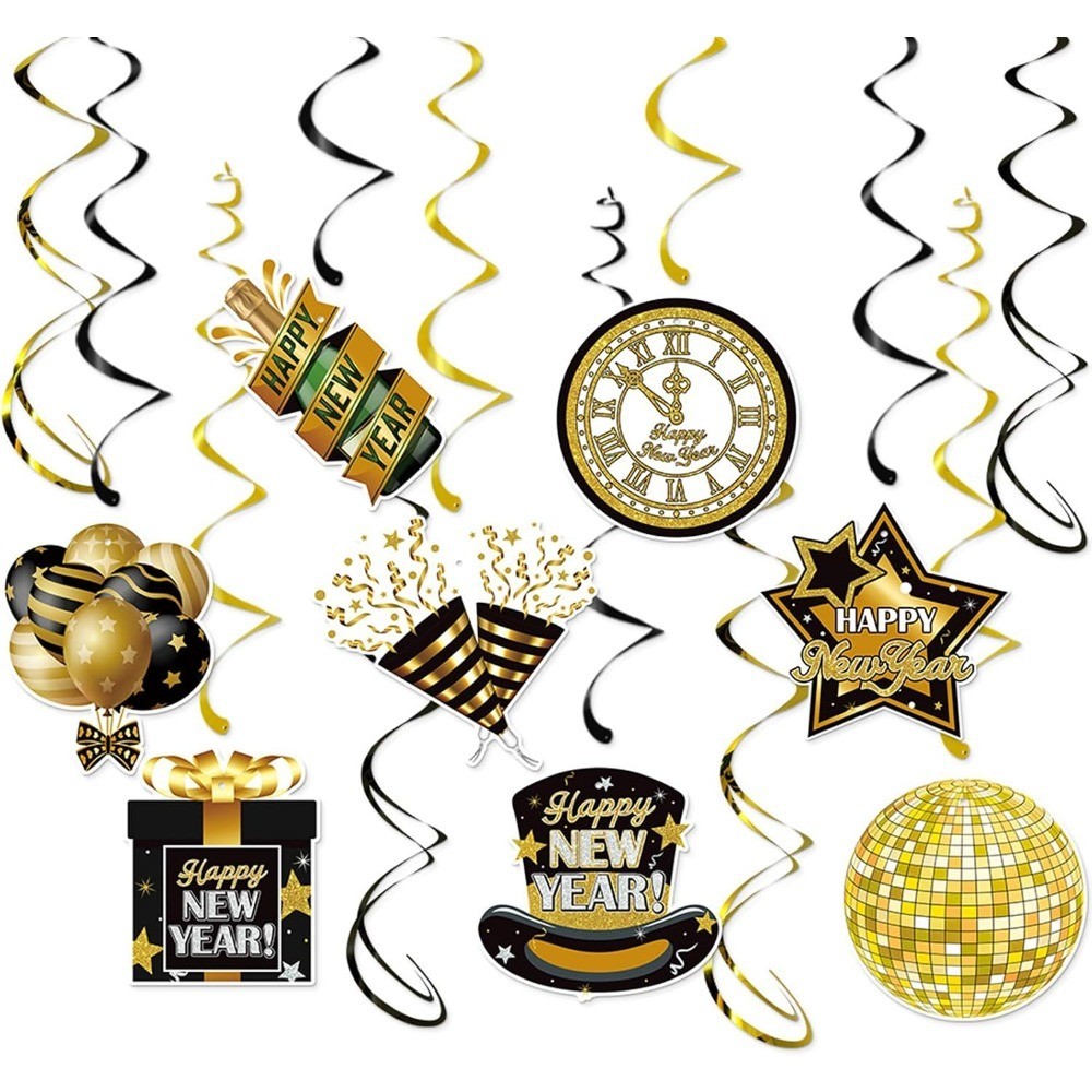 Happy New Year Hanging Swirls 2027 New Years Eve Party Black Gold Hanging