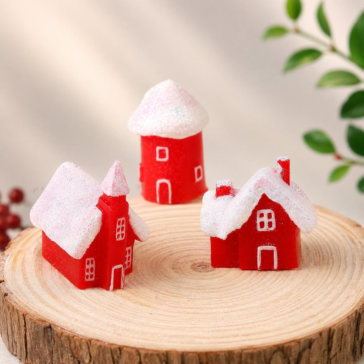 4PCS Resin Mini Winter Village Snow House Christmas Cake Decor Holiday Ornament