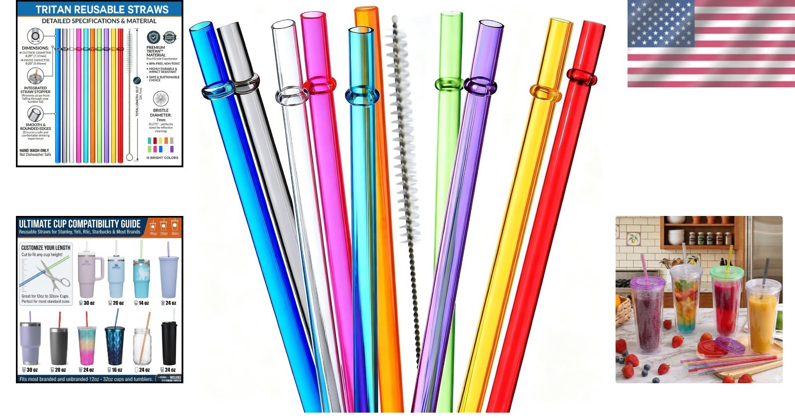 Vibrant Rainbow 10.5-Inch Reusable Straws for Tumblers – BPA-Free & Easy Clean