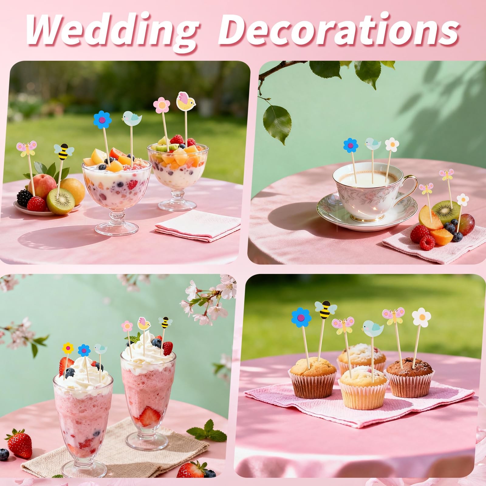 100 PCS Spring Floral Toothpicks – Colorful Flowers, Birds, Bees & Butterflie…