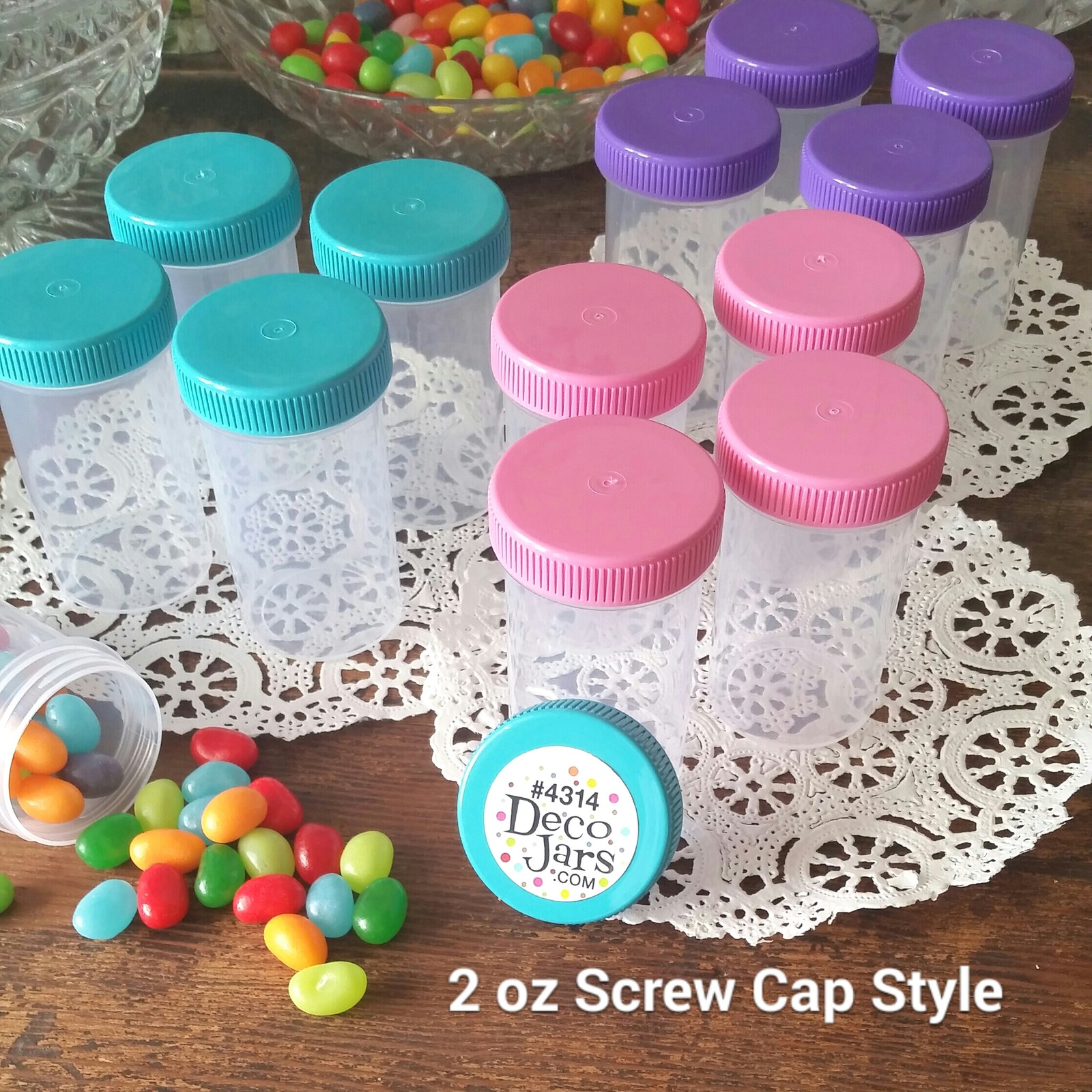 9 Jars Pink Aqua Purple Caps 2oz Candy Pill Bottles for Doc McStuffins Party