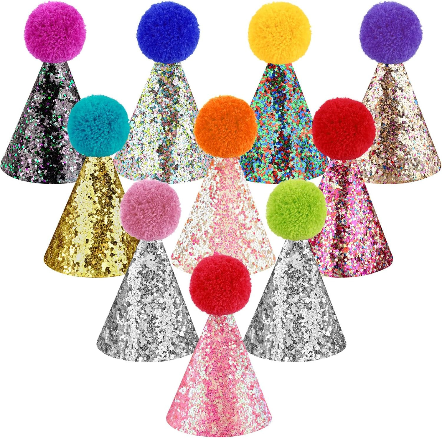 10 Pcs Glitter Mini Birthday Party Hats Multicolor Sequins Paper Cone Hats for K