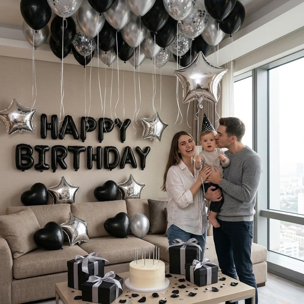 Candlelight Romantic Birthday Decorations: Black & Silver Theme for 73 PCS Setup