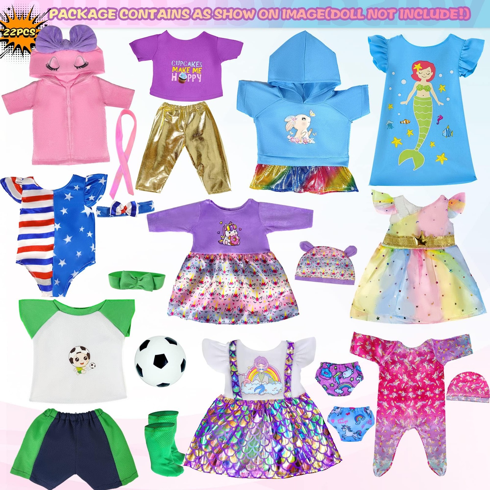 WONDOLL 12 Sets 14-16-Inch-Baby-Doll-Clothes-Outfits Dress Headbands Accessories