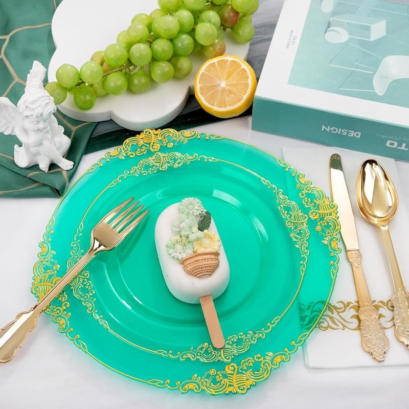 Premium Disposable Plastic Plates Set 25 Guests W/ Gold Cutlery & Napkins New