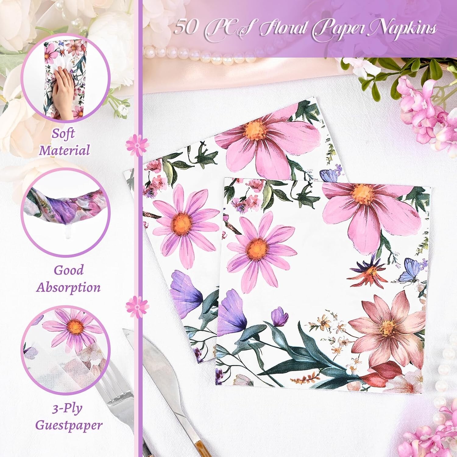 100 Piece Summer Floral Disposable Contemporary Multicolor Set (Plates, Napkins)