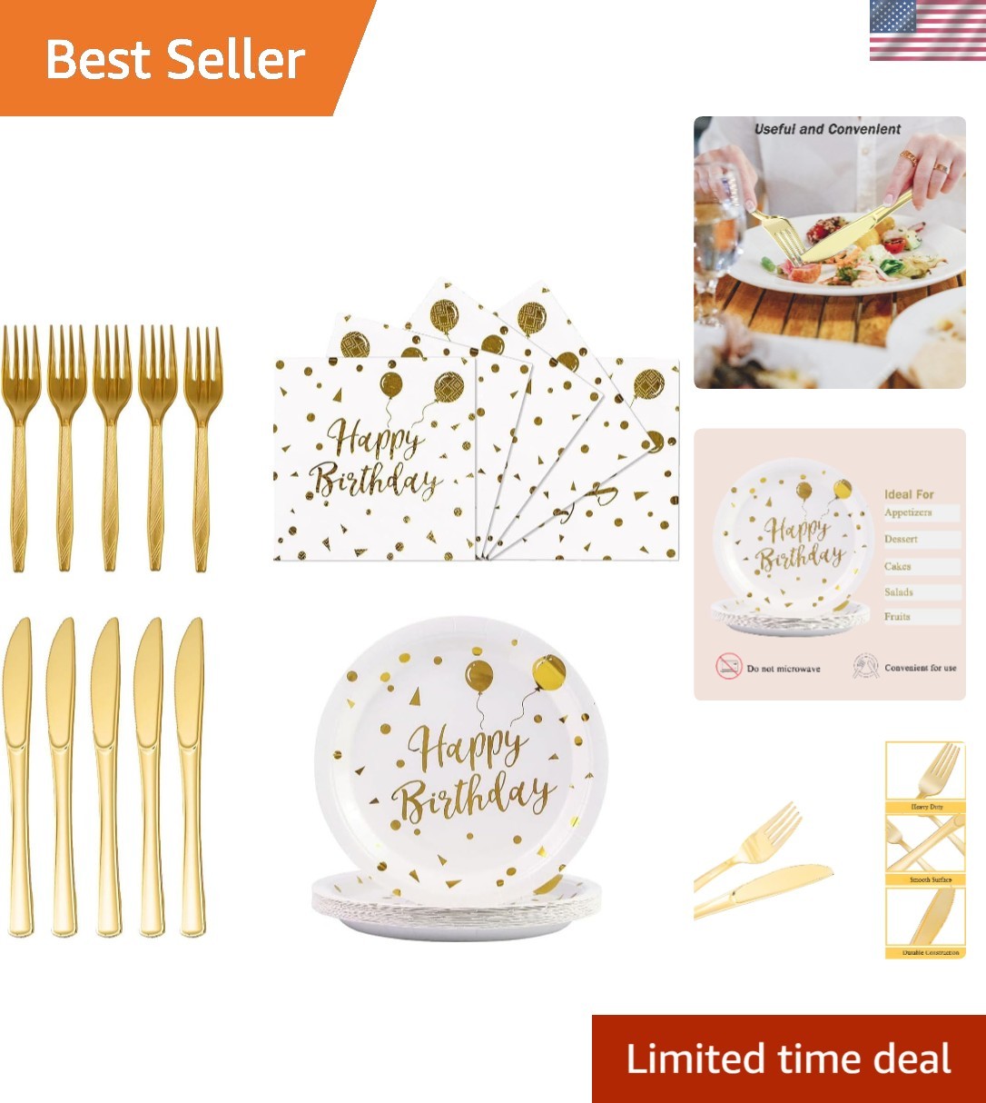 Stunning Disposable Tableware Set: 80PCS White & Gold Plates, Napkins & Cutlery