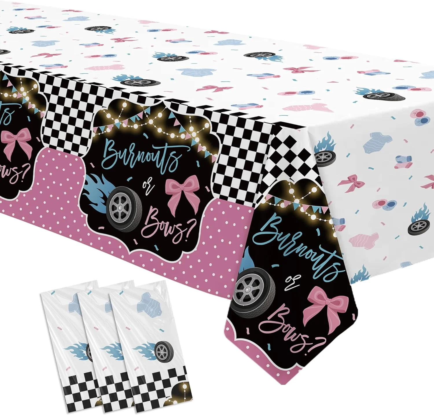 Burnouts or Bows Gender Reveal Decorations Tablecloth, 3 Pack Disposable Boy or