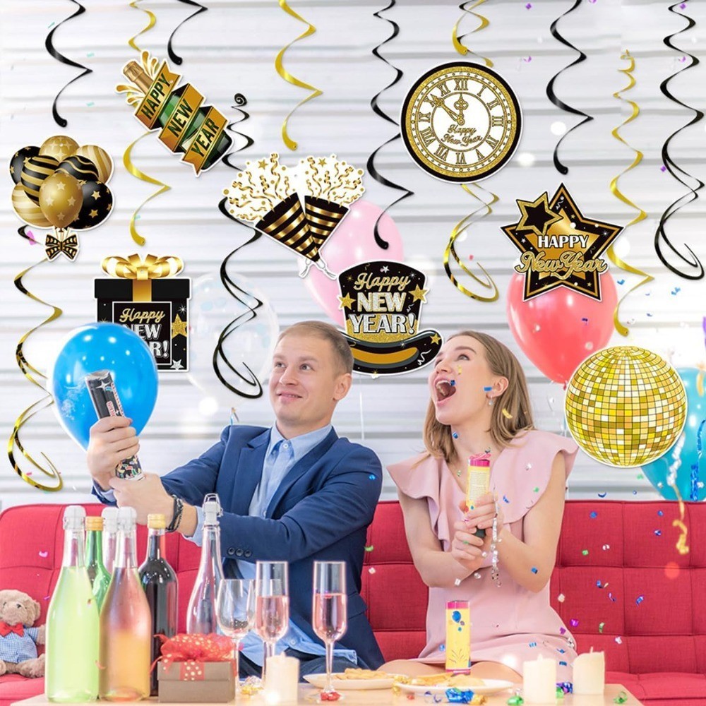 Happy New Year Hanging Swirls 2027 New Years Eve Party Black Gold Hanging