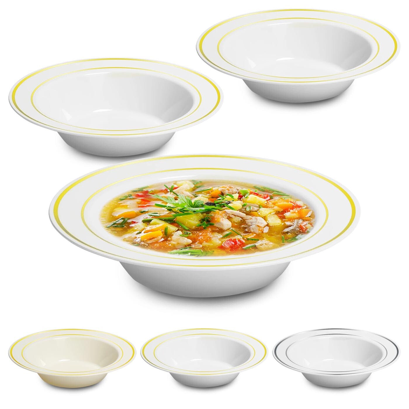 Disposable Plastic Round Metallic Edge Soup Salad Bowls Wedding Party 120pcs