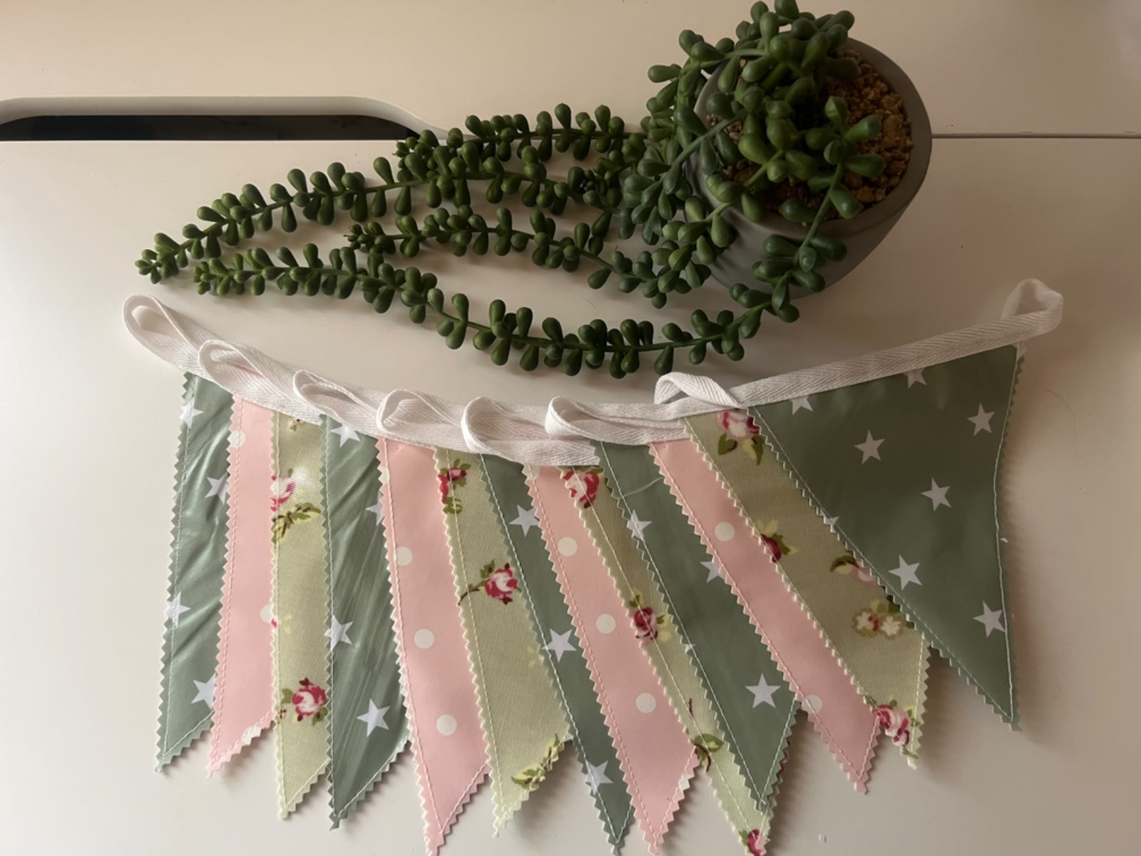 Handmade Outdoor Waterproof Bunting Sage Star Pale Pink Floral All Lengths