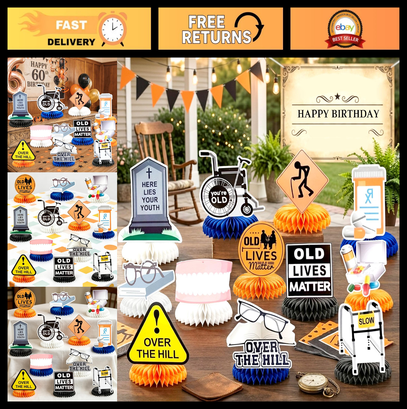 Over The Hill Birthday Decorations – 40th & 50th Honeycomb Centerpieces, Gag Gif