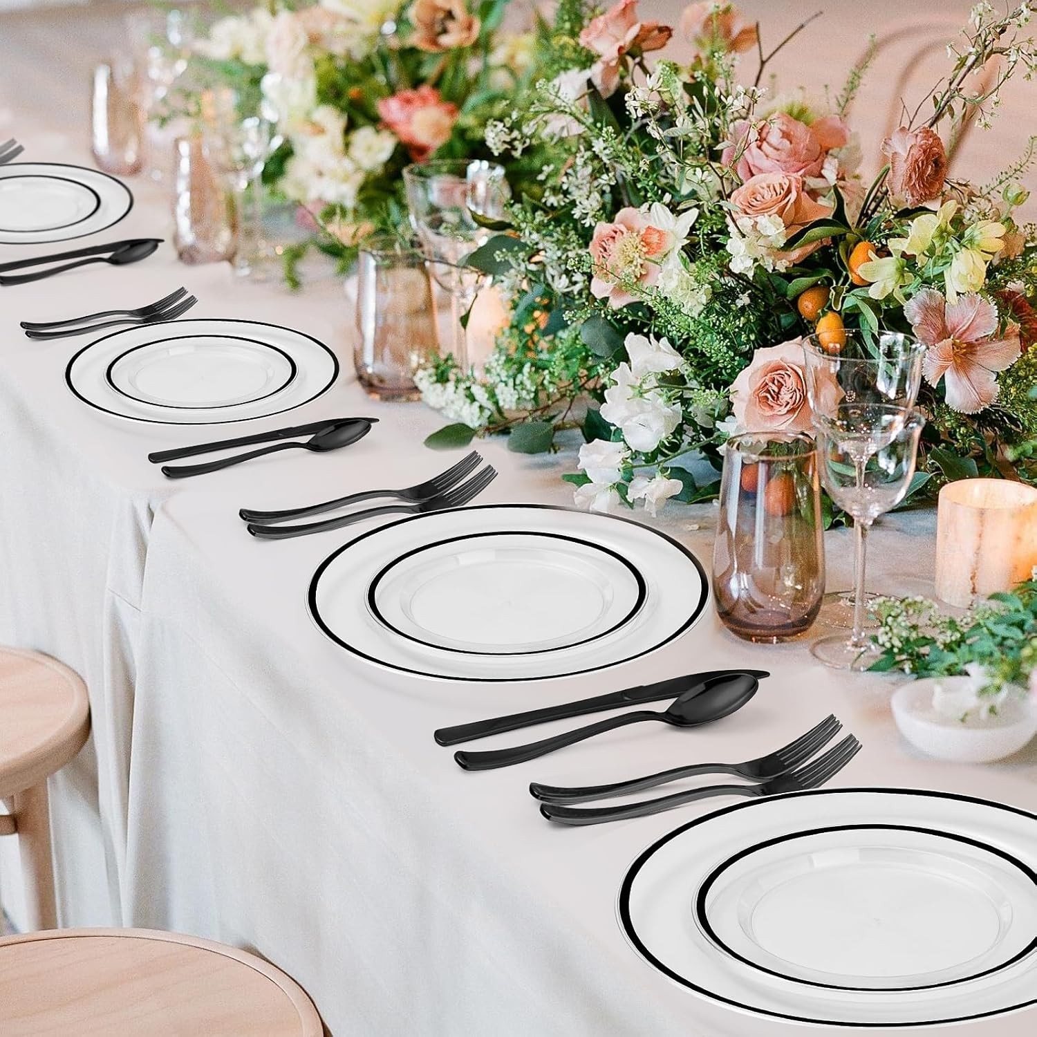 200PCS Black and Clear Plastic Plate, Black Disposable Plate