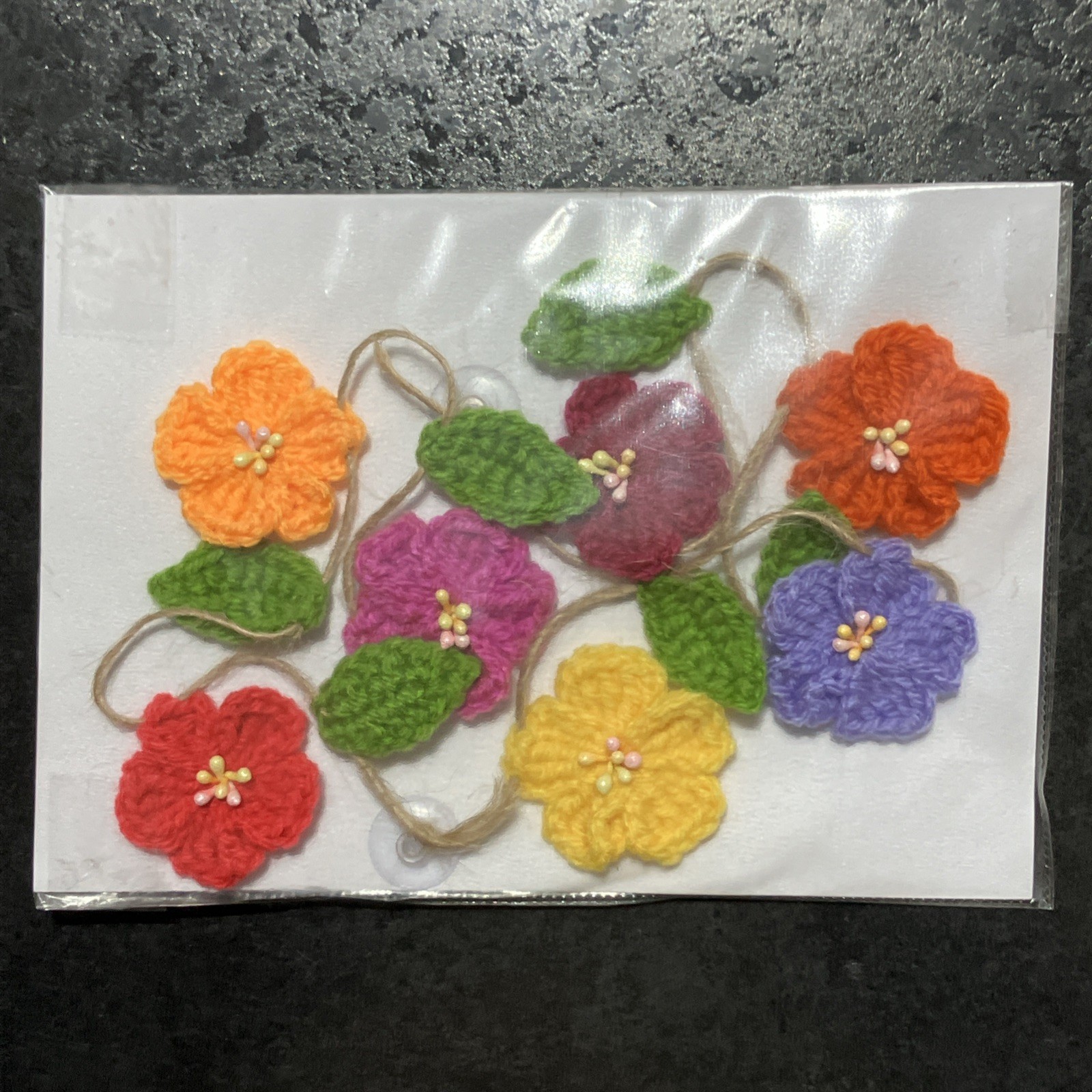 🌸🍃NEW hand Crochet Flower Bunting Leaf sequin Window 30” camper SUMMER Gift