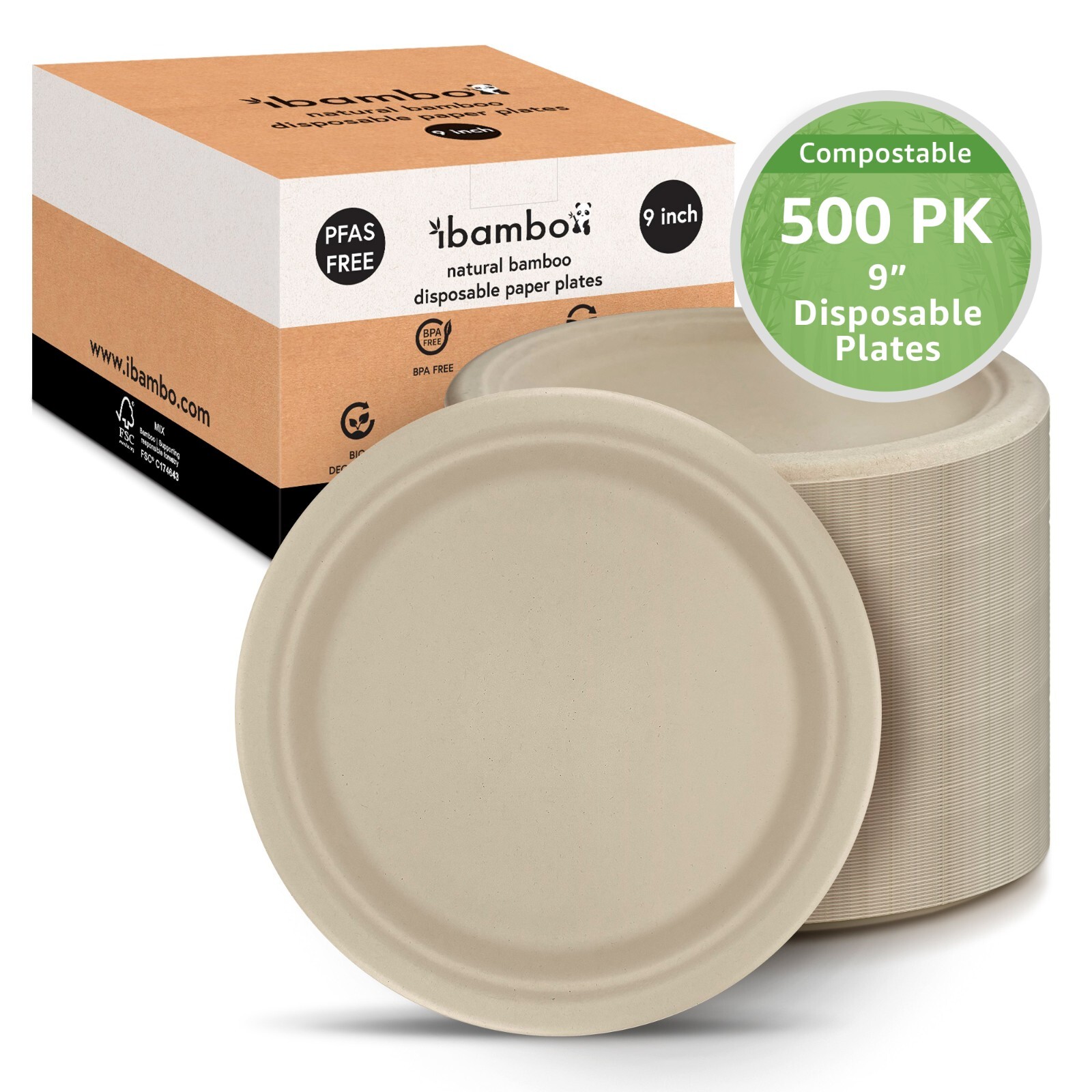 Ibambo Bamboo Disposable Paper Plates – 9 Inch, 500 Pack, Compostable Plates