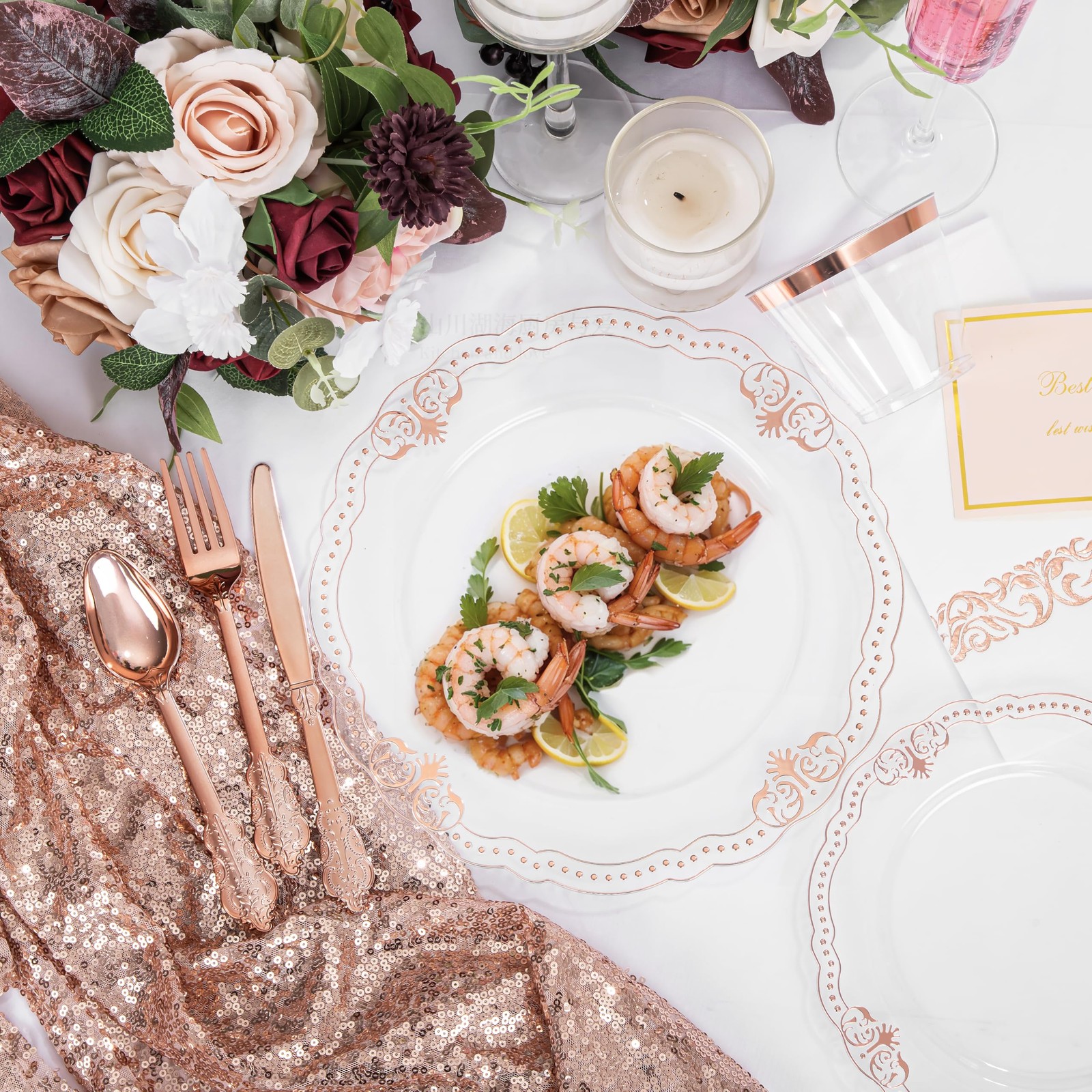 175 PCS Rose and Gold Plastic Plates – Fancy Rose Gold Disposable Dinnerware …