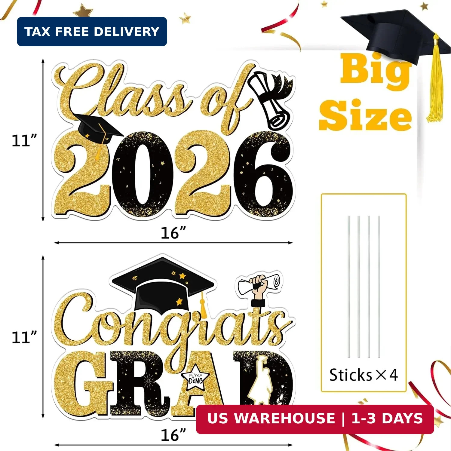 Graduation Yard Signs Class of 2026, 2 PCS Black and Gold 2026 Graduation Decora